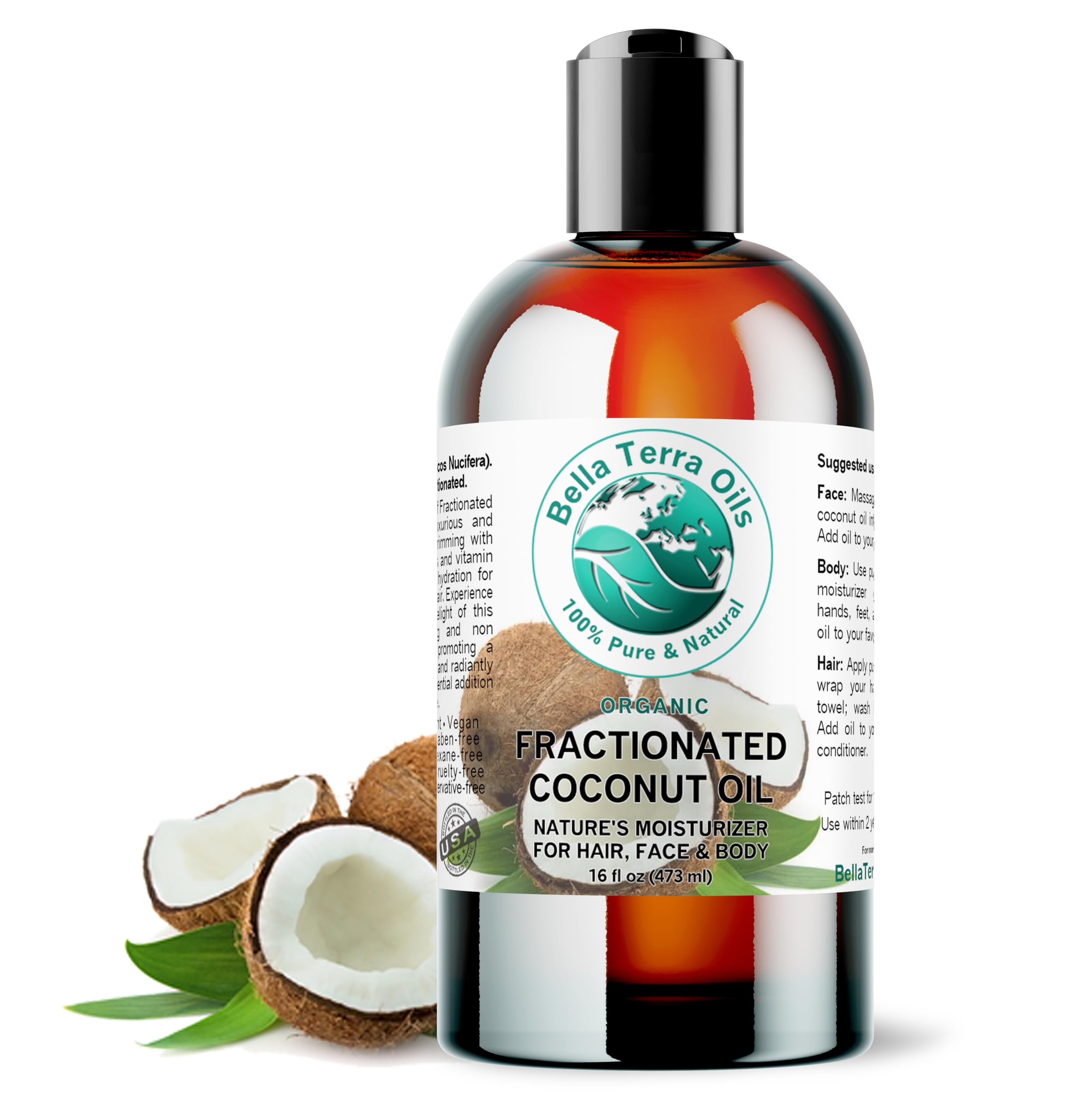 Organic Fractionated Coconut Oil 16 oz by Bella Terra - Pure MCT Oil for Skin Care, Hair & Massage | Antioxidant-Rich, Non-GMO, Vegan | Perfect for Aromatherapy, Cooking & DIY Beauty Products