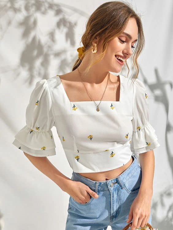 Midnight Moon Women's White Ruffled Cropped Button Down Shirt - Summer Casual Blouse for Beach Outings, Date Nights & Office Wear