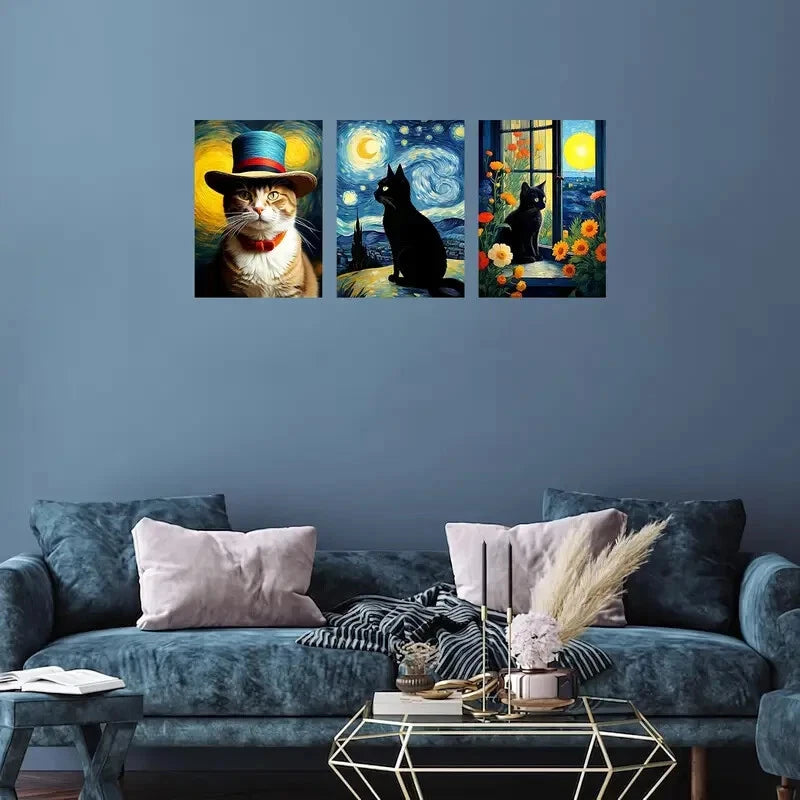 3-Piece Masterpieces Cat Mural Metal Wall Art - Ready to Hang Canvas Prints for Living Room, Bedroom & Office Decor