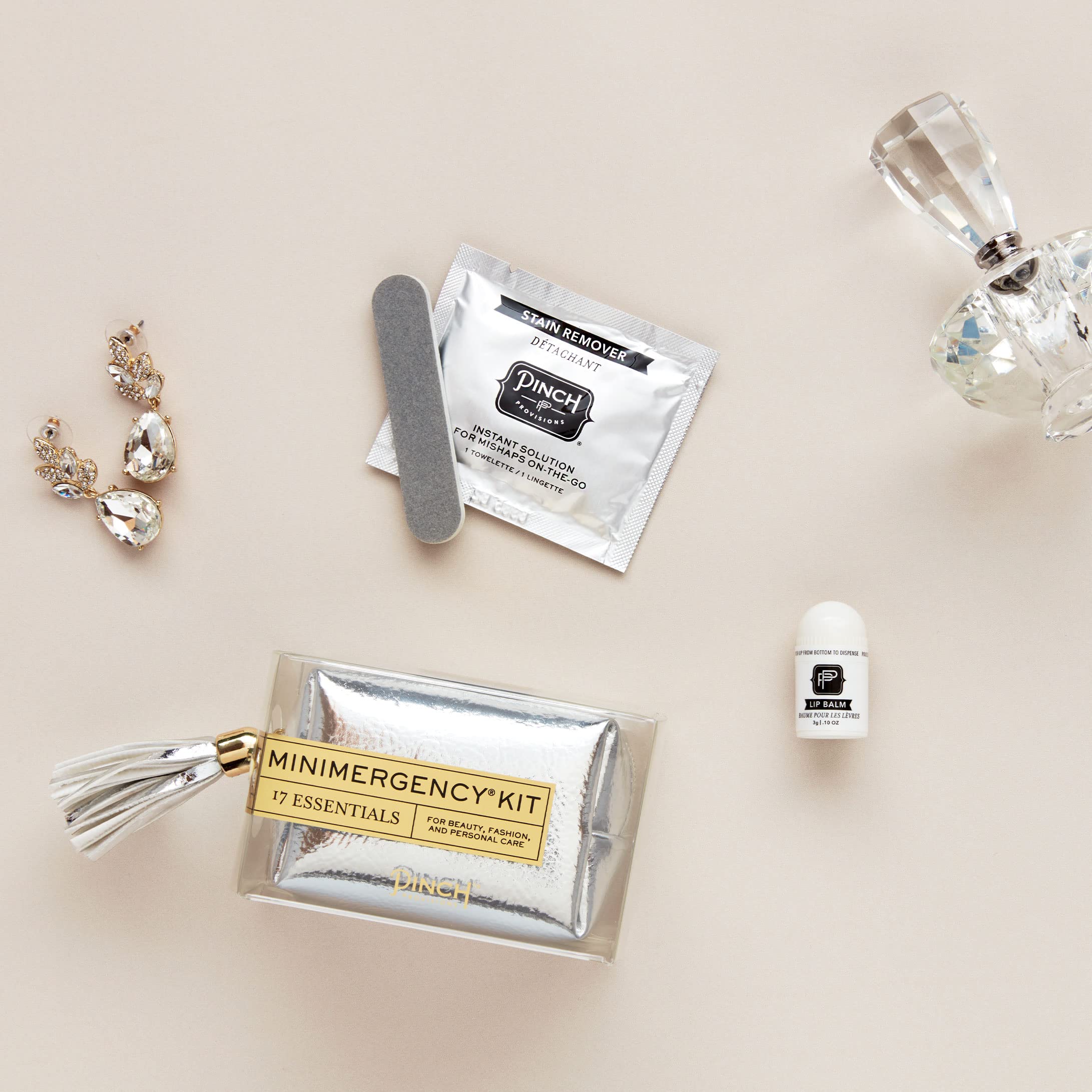 Metallic Minimergency Kit with 17 Travel-Sized Cosmetic Essentials | Compact Beauty Emergency Kit for Women | Perfect for Purse, Travel, Office & On-the-Go Touch-Ups | Great Holiday & Birthday Gift Idea (Silver)
