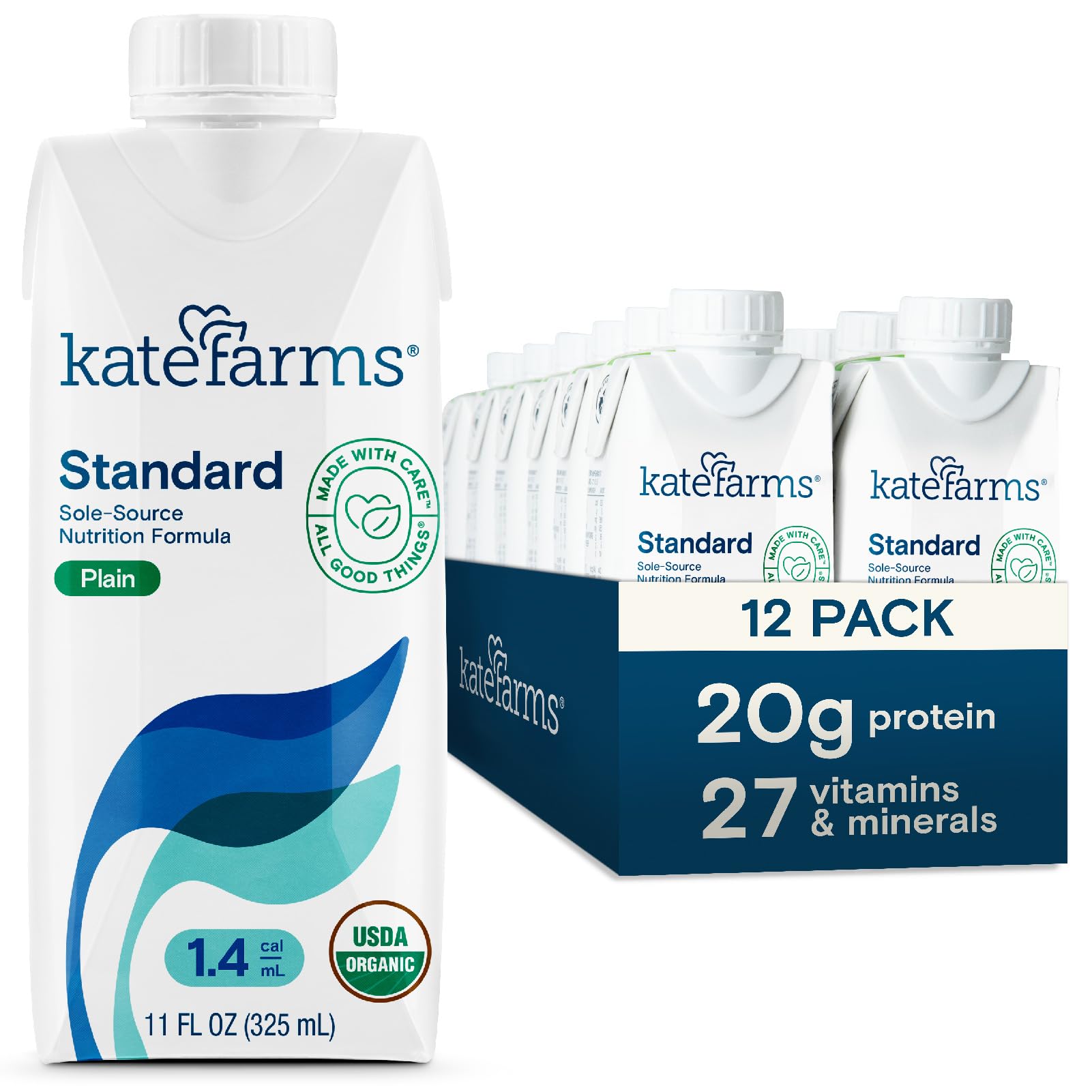 KATE FARMS Organic 1.4 High Calorie Nutrition Shake - 20g Protein, 27 Vitamins & Minerals - Meal Replacement Protein Shake for Adults & Seniors - Plain Flavor, 11oz (12 Pack) - Perfect for Weight Gain, Recovery & Busy Lifestyles
