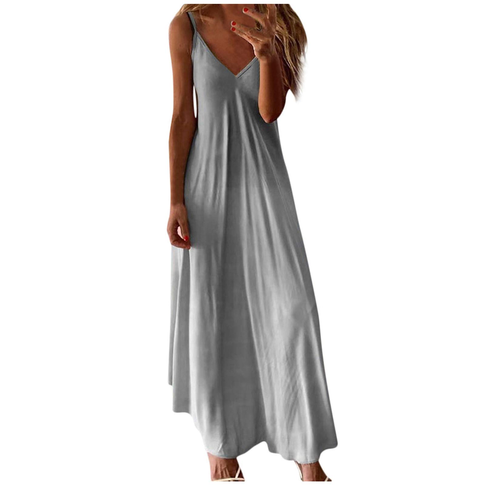 Anuyalue Women's Summer Maxi Dress 2023 - Casual Sleeveless Spaghetti Strap Boho Floral Beach Dress with V Neck | Perfect for Vacations, Pool Parties & Date Nights