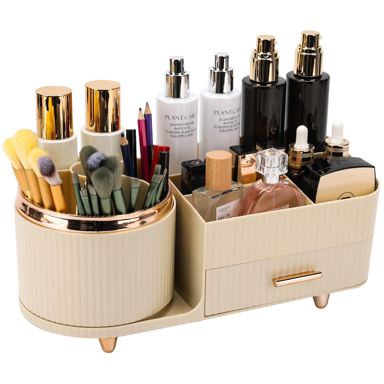 Beborxue 360° Rotating Makeup Organizer with Drawers - Large Capacity Cosmetic Display Case & Skincare Organizer for Lipstick, Brushes, Eyeshadow | Perfect for Vanity, Bathroom & Dressing Table Organization (Rice White)