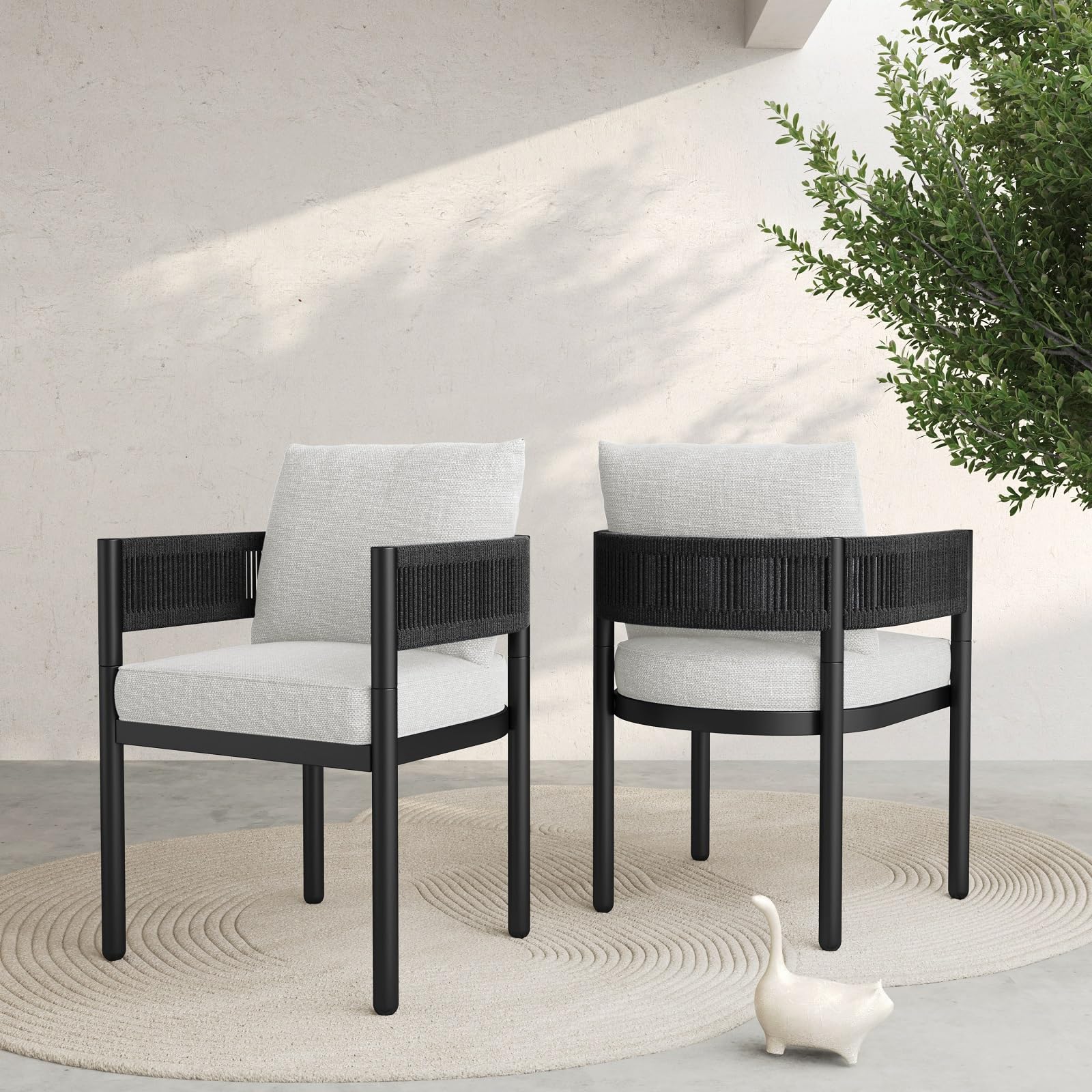 Premium Outdoor Dining Chair Set of 2 - Black Metal Wicker Patio Chairs with Gray Cushions for Backyard, Garden, Deck, Poolside - Weather-Resistant & Comfortable Seating for Outdoor Entertaining & Relaxation
