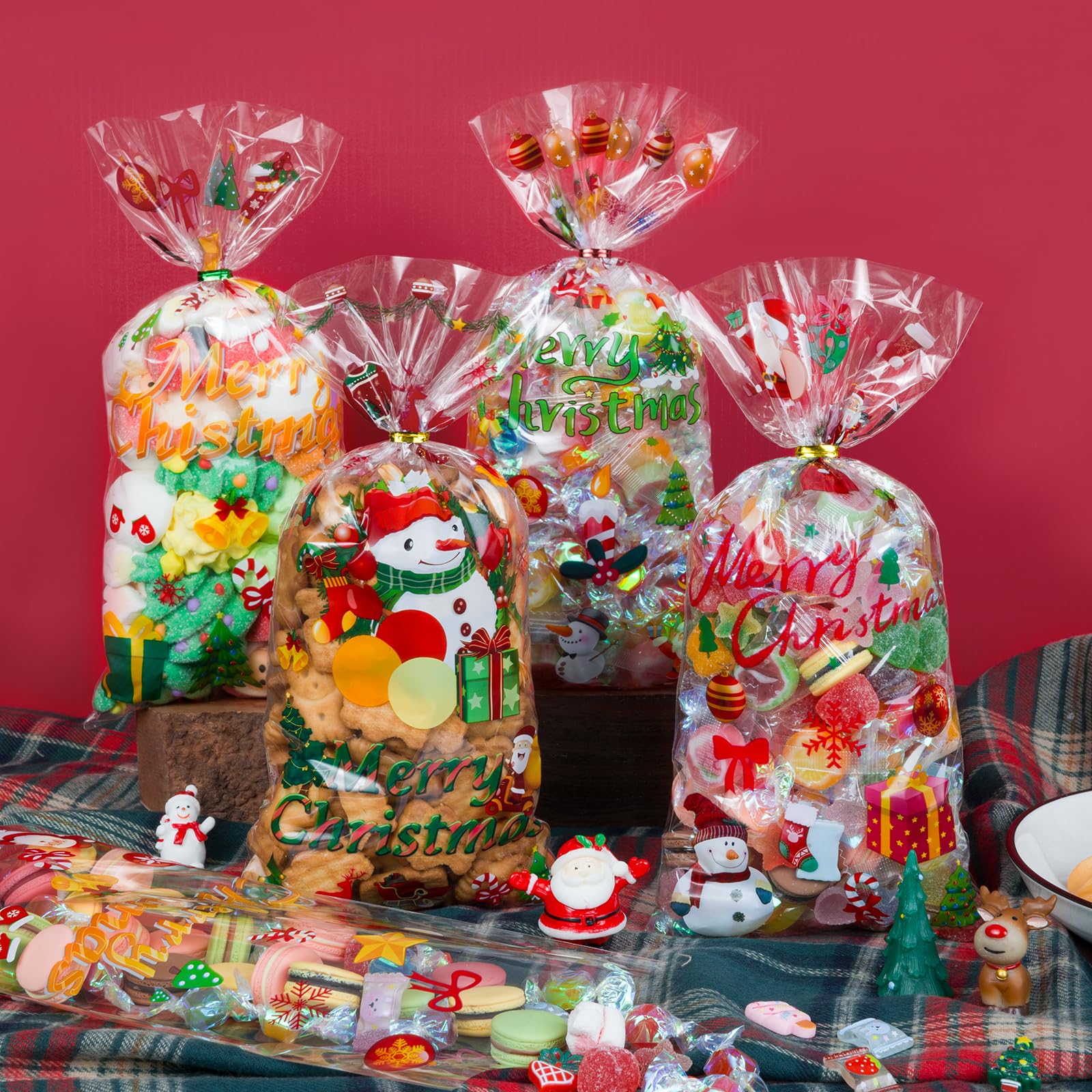 120 Pcs Clear Christmas Cellophane Treat Bags with Santa Claus & Bells Pattern - Holiday Candy Bags for Xmas Party Favors, Gift Wrapping & Home Decorations