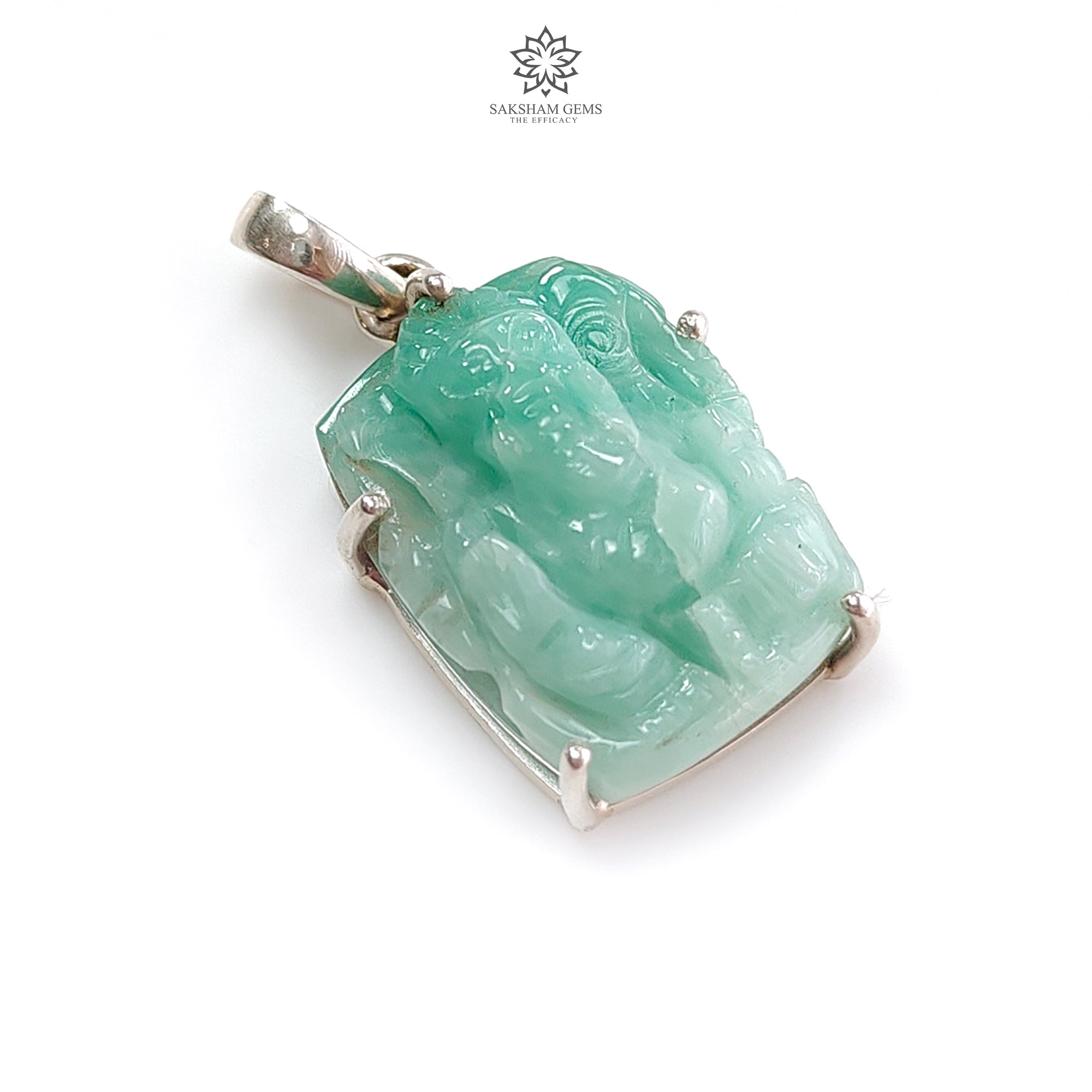 Natural Untreated Green Emerald Ganesha Pendant - 6gms 925 Sterling Silver Prong Set (1.25 Inch) | Spiritual Jewelry for Meditation, Yoga & Hindu Festivals