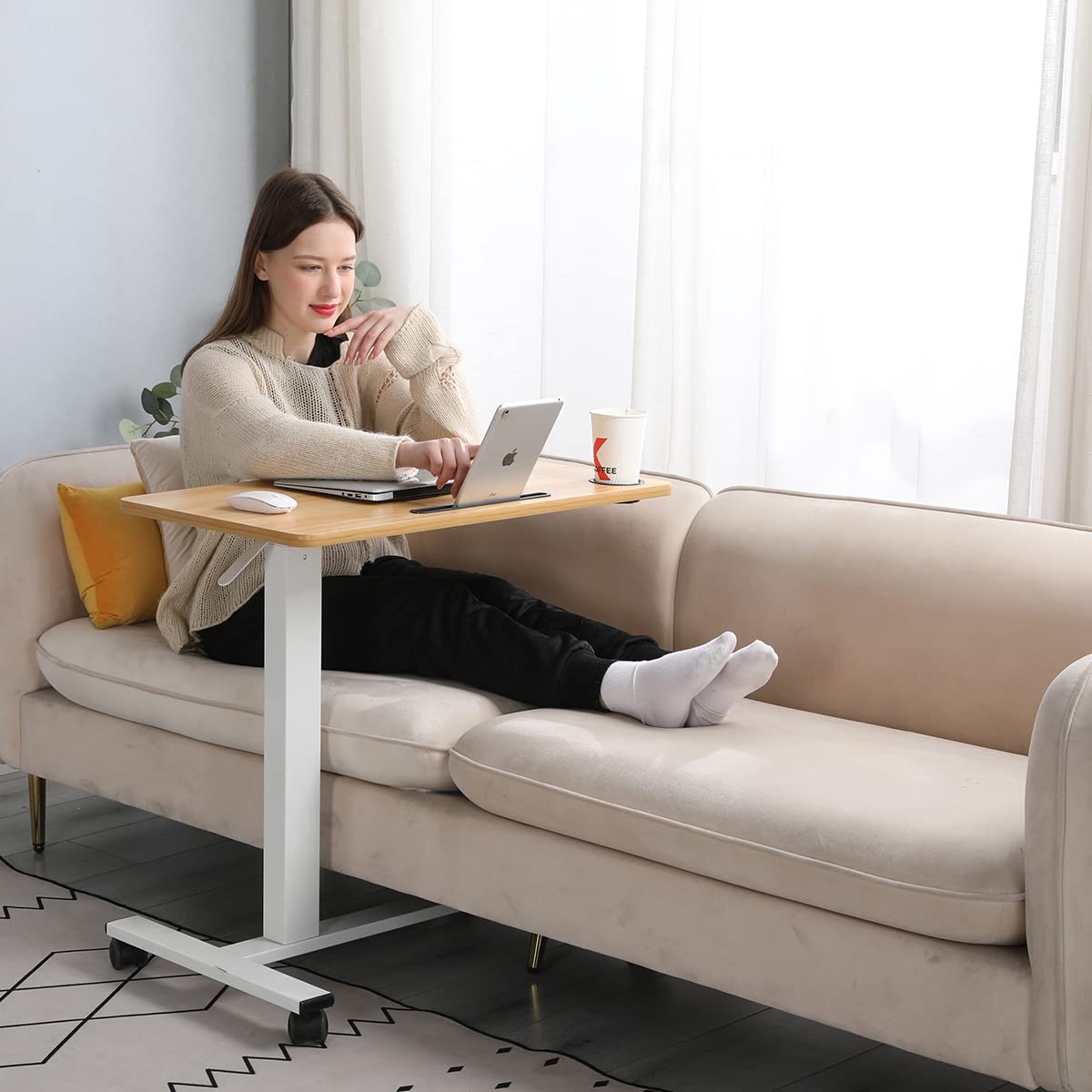 Adjustable Overbed Table with Tray - Mobile Laptop Desk for Hospital & Home Use