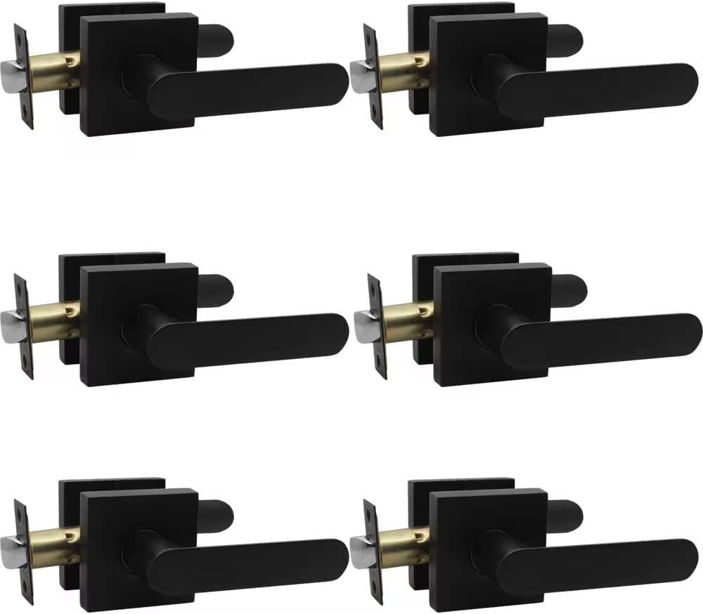 Probrico 6 Pack Square Passage Knobs - Black Interior Door Lever Handles, Keyless Entry Lockset for Hallway, Closet & Bedroom Doors (DL03SPS) - Durable & Easy Installation for Home, Office & Commercial Spaces