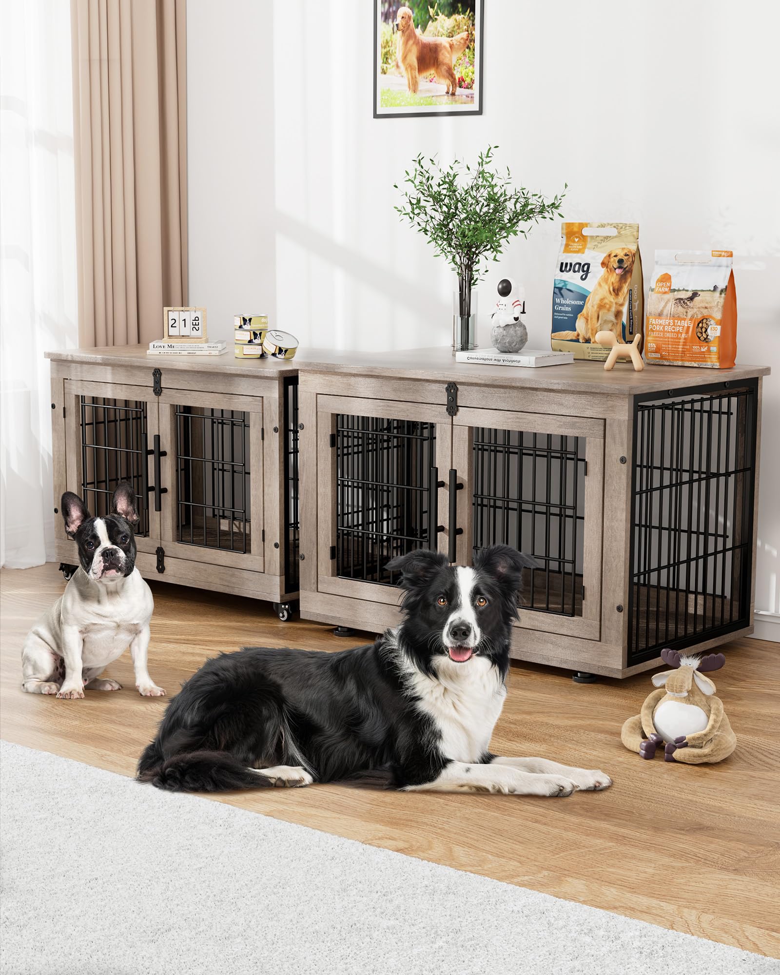 **Heavy Duty Wooden Dog Crate Furniture with Cushion – Double Door Dog Kennel & End Table with Wheels – Indoor Dog House for Small & Medium Dogs up to 45 lbs (32.5” L, Grey) – Perfect for Living Room, Bedroom, or Office**