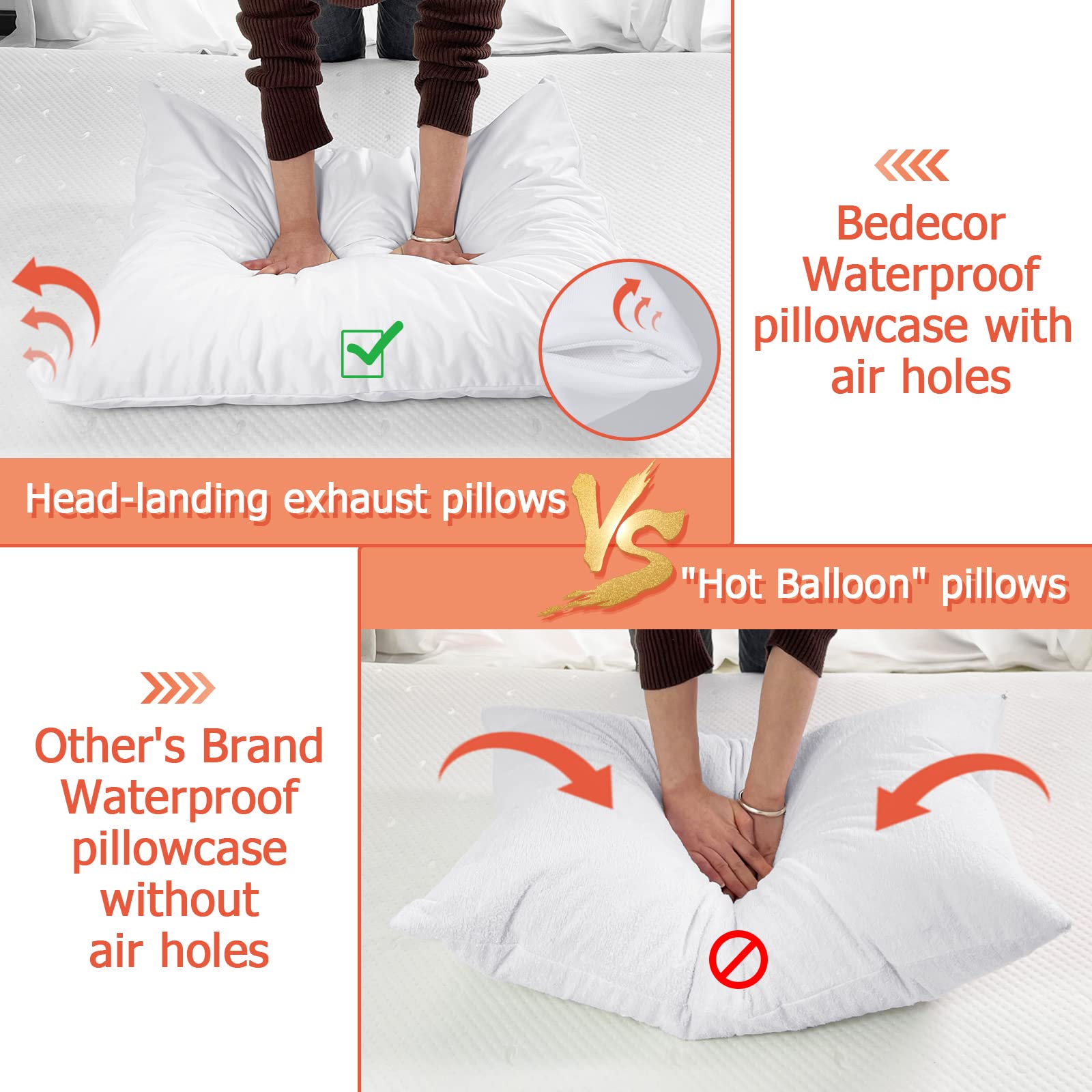 Bedecor Queen Size Waterproof Pillow Protectors with Zipper - 2 Pack Dust Proof Pillow Covers Encasement, Breathable Holes for Air Circulation - Perfect for Allergy Relief, Bedding Protection & Hotel Use