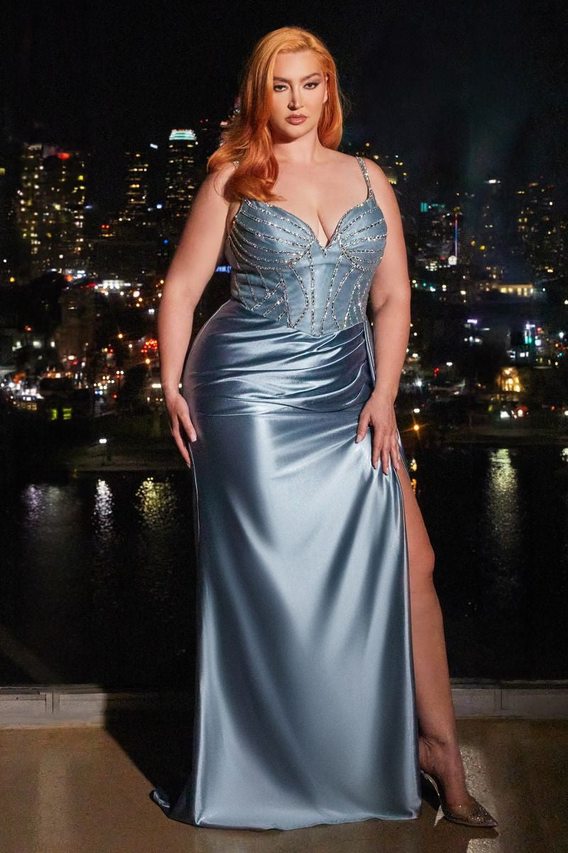 Elegant Dusty Blue Fitted Satin Gown with Beaded Bodice - Liberty Gown for Prom, Evening Gala & Formal Events