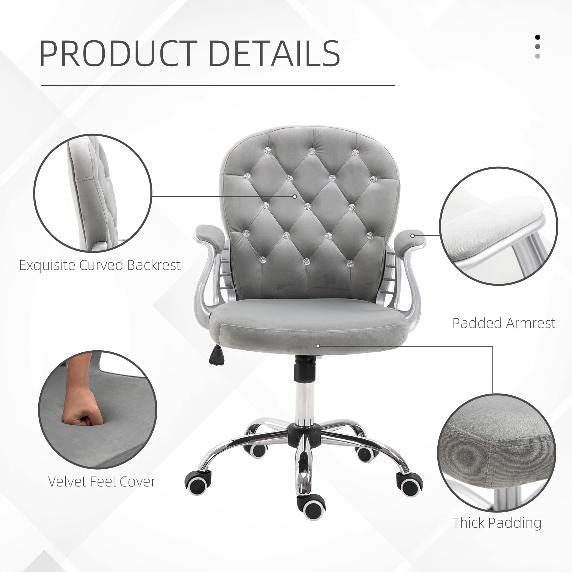 Vinsetto Velvet Home Office Chair - Button Tufted Ergonomic Desk Chair with Padded Armrests, Adjustable Height & 360° Swivel Wheels, Gray - Perfect for Home Office, Gaming & Study Workspace