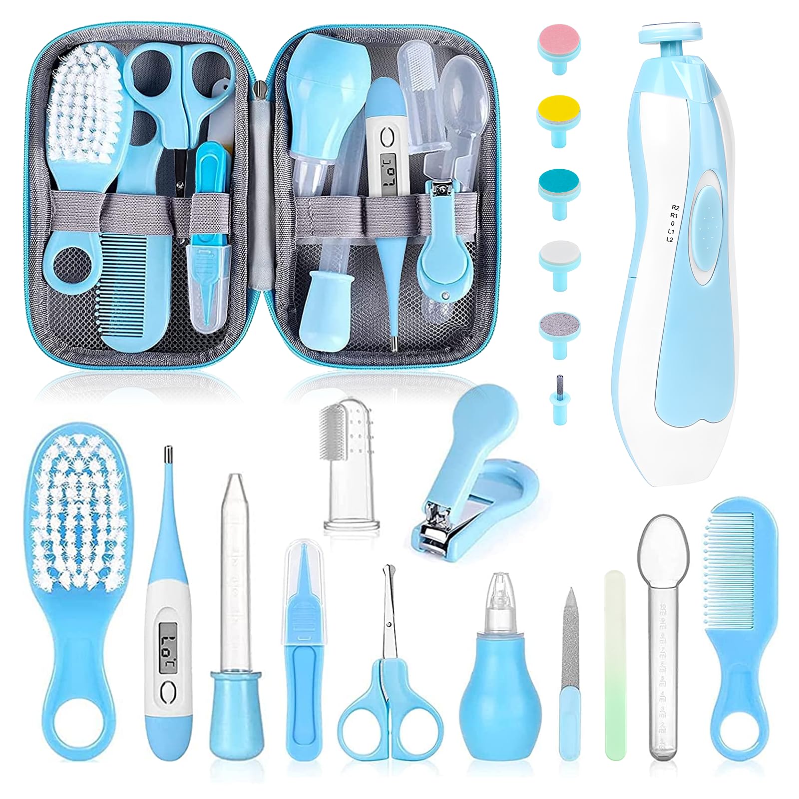 20-in-1 Baby Grooming Kit for Newborns - Safe Infant Care Set with Hair Brush, Comb, Nail Clippers & Nasal Aspirator - Essential Baby Care Essentials for Boys & Girls (Blue) - Perfect for Daily Hygiene, Travel & New Parent Gifts