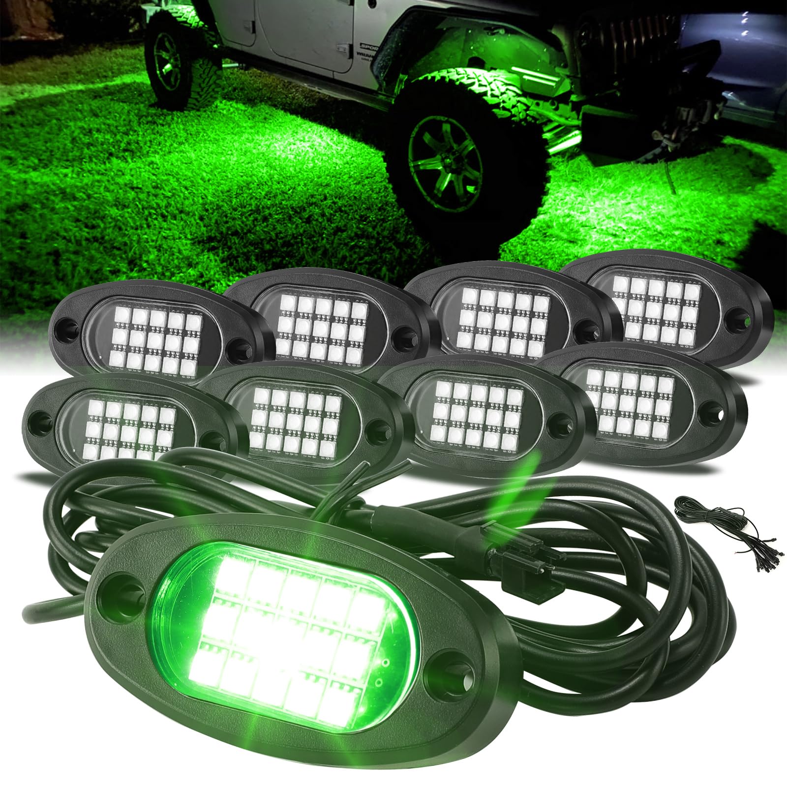 Winunite 8 Pods Quick Connect Green Rock Lights - 4M Extension Wires Each, 15 SMD Chips, High Adhesive Stickers, IP67 Waterproof - Off-Road Lighting for Trucks, Trailers, SUVs, ATVs, UTVs & Boats - Perfect for Night Driving, Camping & Outdoor Adventures