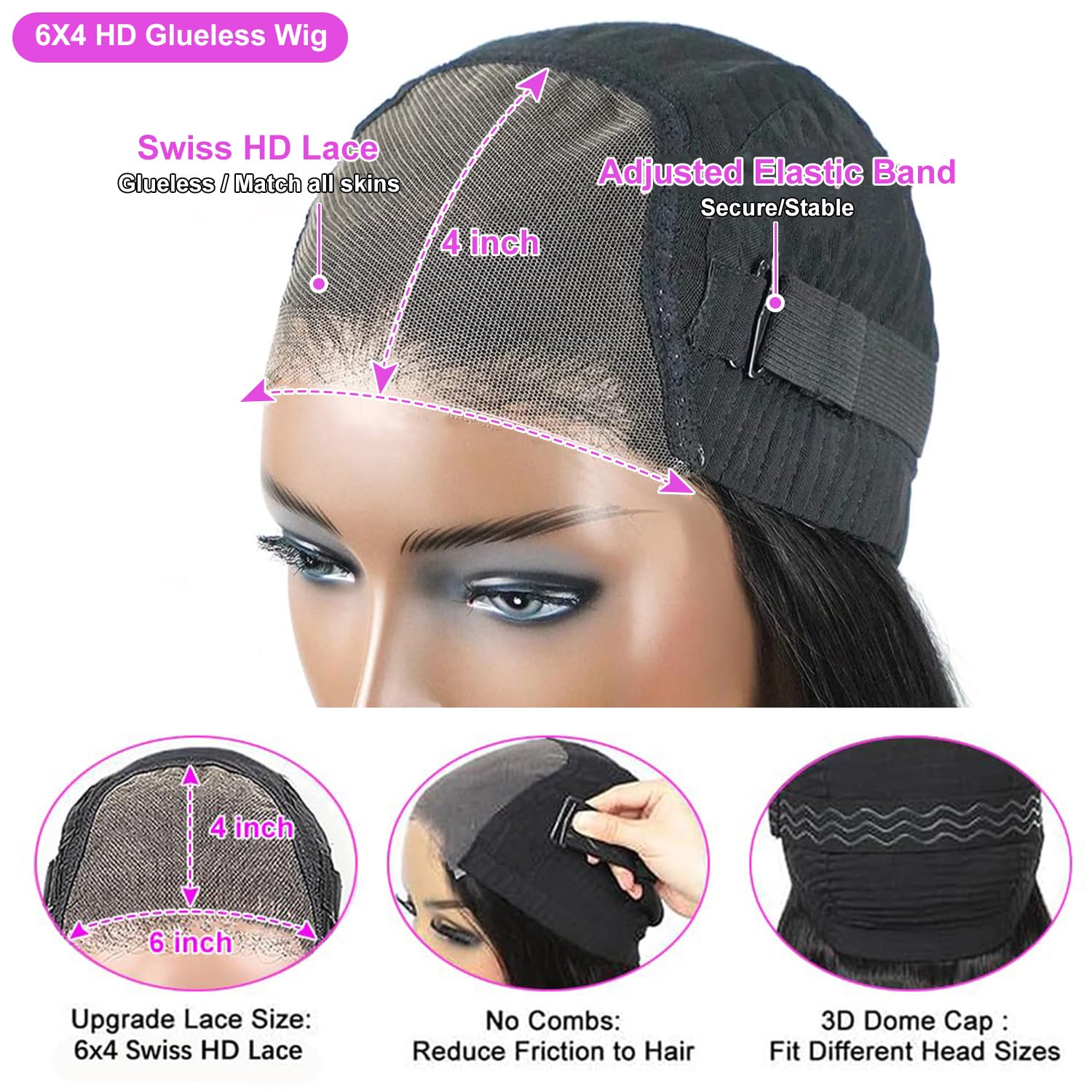 6x4 Straight Lace Closure Wigs Human Hair 180% Density - Glueless Wear & Go Pre Plucked Wigs for Black Women (24 Inch) - Perfect for Daily Wear, Special Occasions & Protective Styling