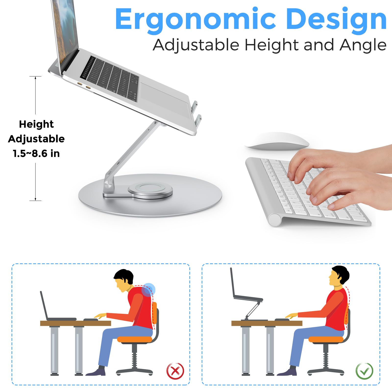 Swivel Laptop Stand for Desk - Adjustable Height Aluminum Computer Stand with 360° Rotating Base, Foldable Ergonomic Riser, Portable Laptop Holder for MacBook & All 10-17'' Laptops, Chrome - Perfect for Home Office, Gaming & Workstations