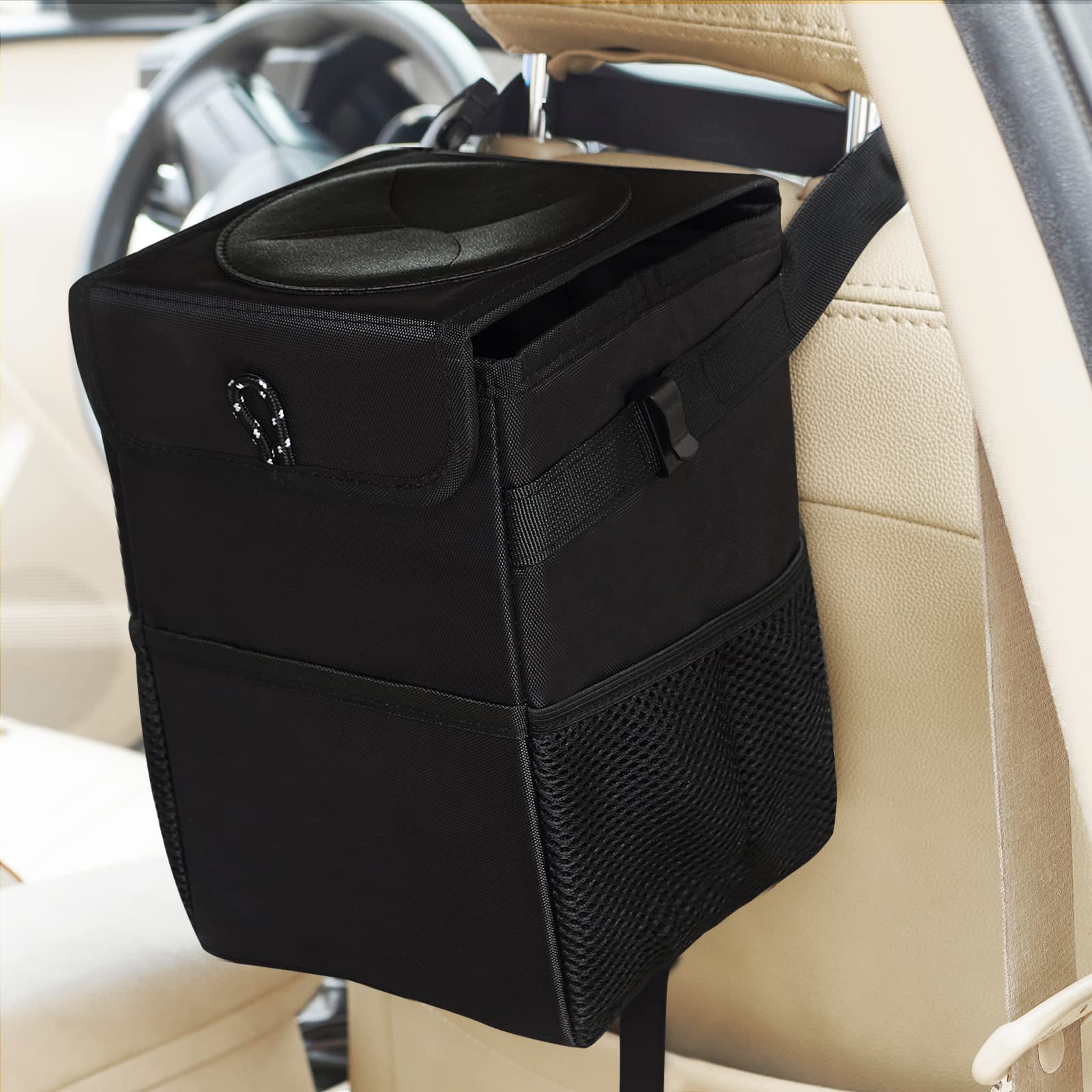 Upgraded Car Trash Can with Lid & 3 Storage Pockets - 100% Leak-Proof Waterproof Auto Organizer - 2.4 Gallon Multipurpose Vehicle Garbage Bin - Perfect for Road Trips, Commuting & Keeping Your Car Clean (Black)