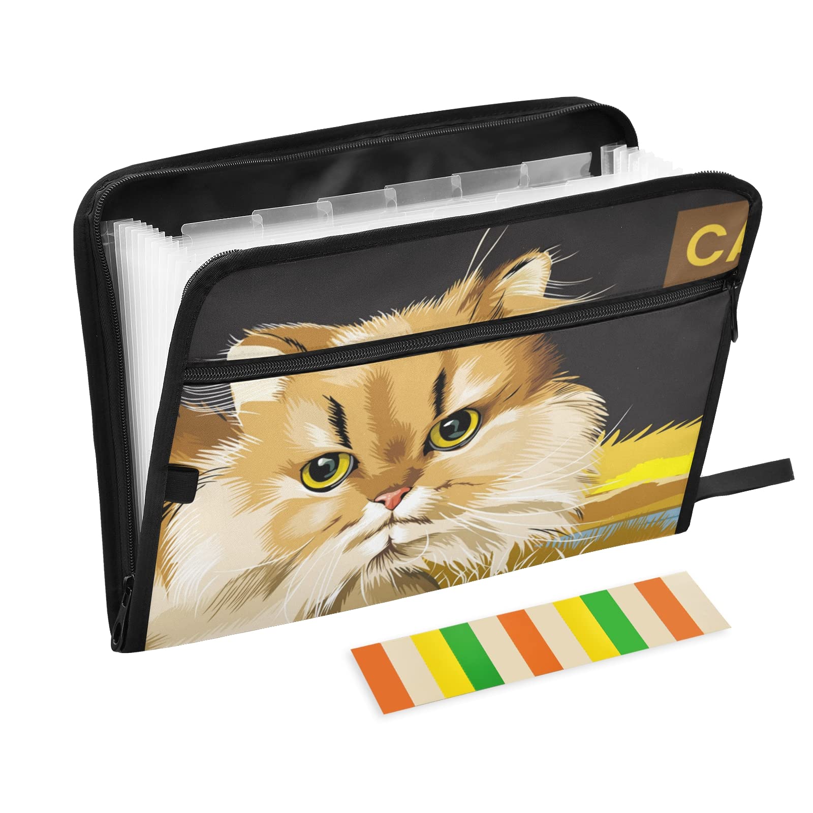 UMIRIKO Cute Cat 13 Pocket Expanding File Folder with Sticky Labels - A4 Letter Size Accordion Document Organizer with Zipper Closure - Perfect for Office, School, Home Organization & Paper Storage