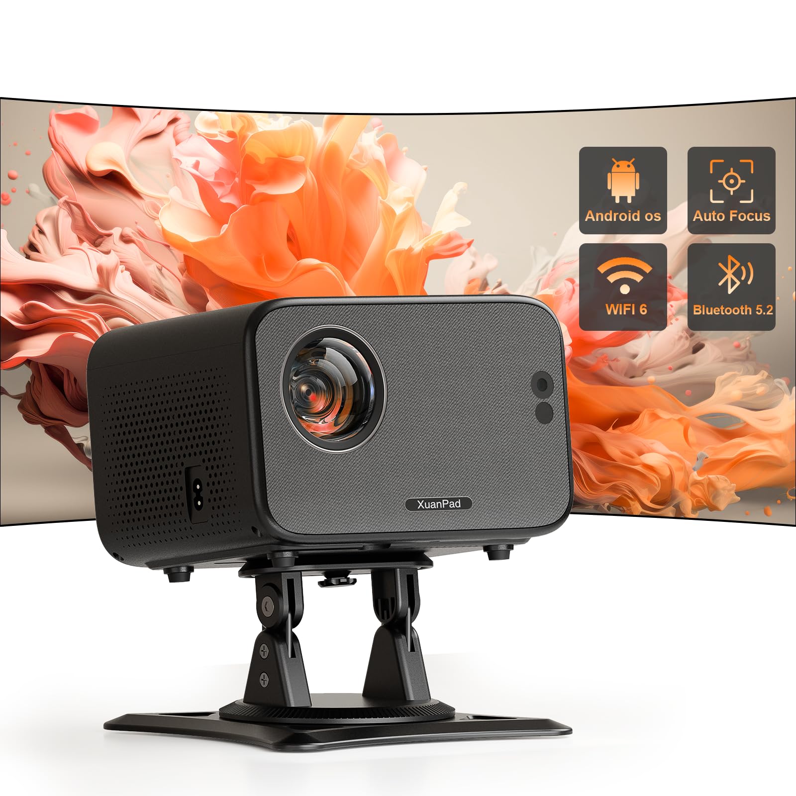 XuanPad 4K Android Mini Projector with Auto Focus, WiFi & Bluetooth - 1080P Portable Projector with 210° Rotatable Stand, Built-in 8000+ Apps, Dust Removal & Cooling System | Perfect for Home Theater, Outdoor Movies, Office Presentations & Gaming