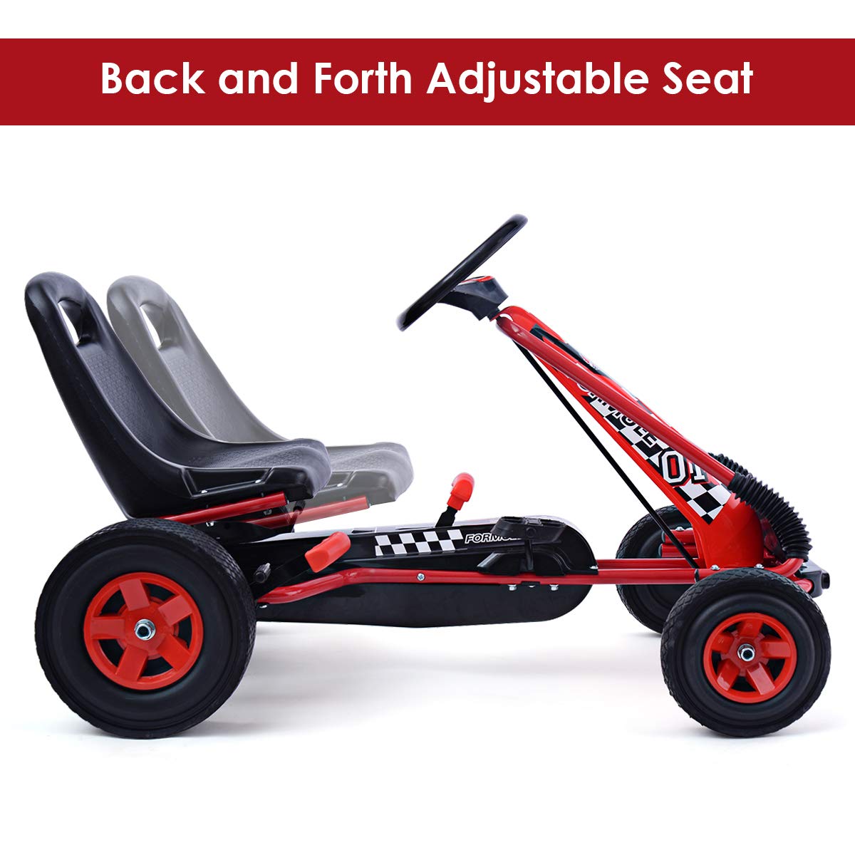 **Costzon 4-Wheel Off-Road Pedal Go Kart for Kids – Adjustable Seat, Steering Wheel, Dual Safety Brakes & EVA Rubber Tires – Outdoor Ride-On Toy for Boys & Girls (Red) – Perfect for Backyard Racing, Playground Fun & Outdoor Adventures**
