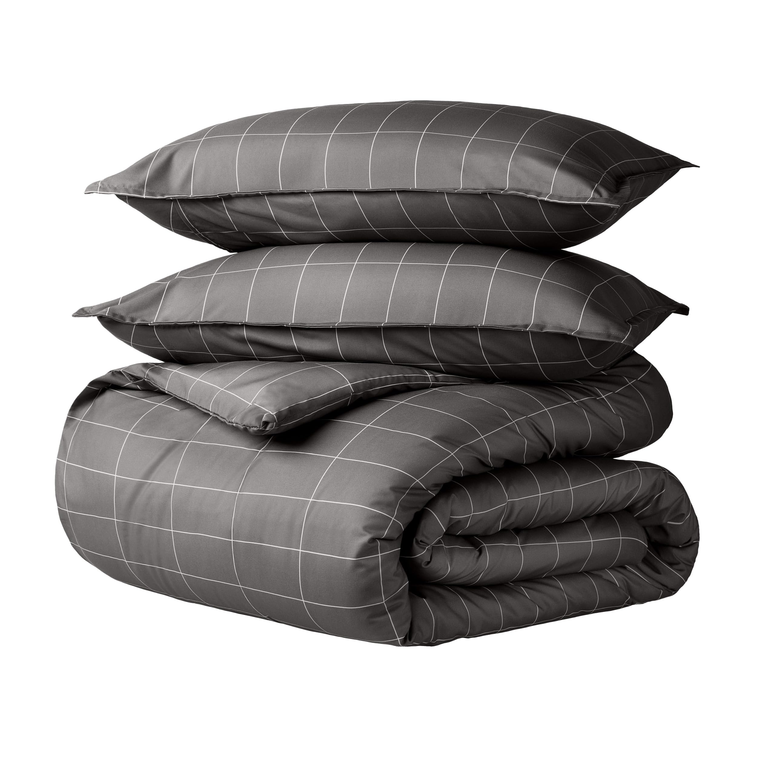 Bare Home Premium 1800 Super Soft Duvet Cover Set - Lightweight & Breathable King/California King Size Bedding - Grey & White Grid Pattern for Cozy Bedroom Decor