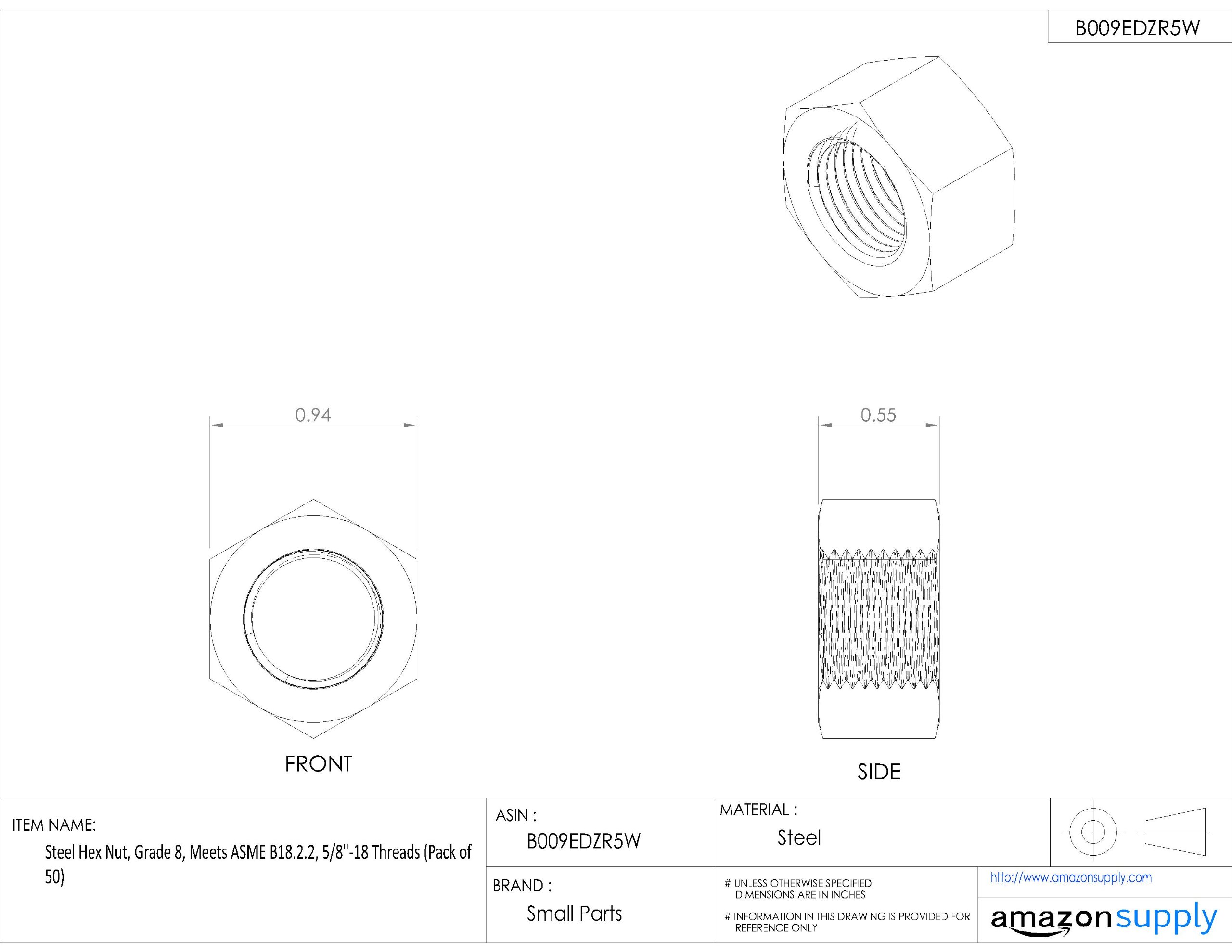 High-Strength Steel Hex Nut, Grade 8, Plain Finish, 5/8