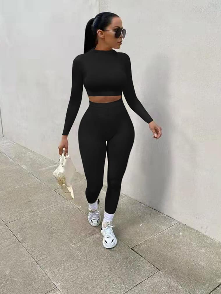 GOKATOSAU Women's Sexy 2 Piece Outfit Long Sleeve Crop Top & High Waist Pants Set - Clubwear, Party Jumpsuit for Night Out, Date Night, and Casual Wear