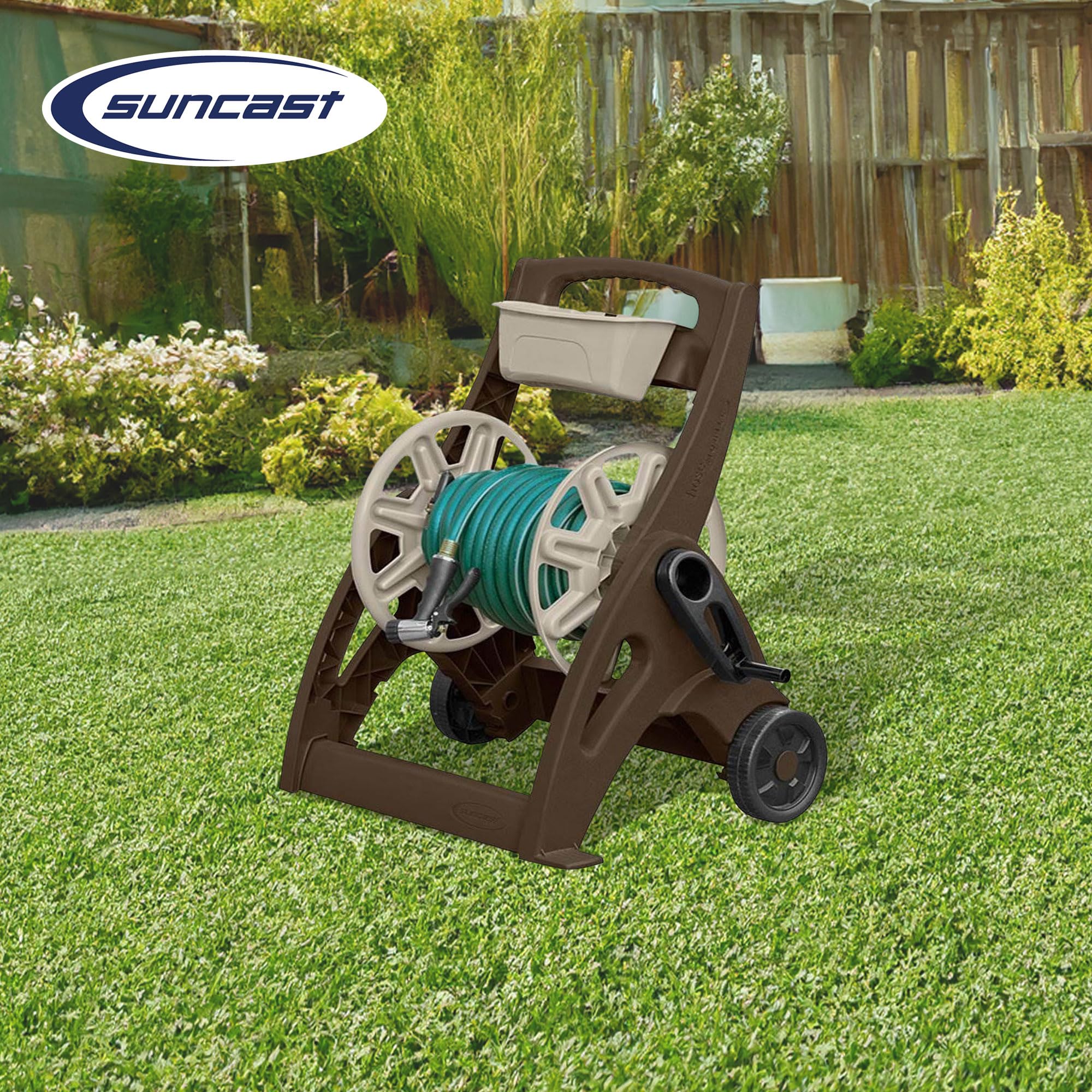 Suncast Hosemobile Portable Garden Hose Reel Cart with Wheels - Heavy Duty 225 ft Capacity, Crank Handle & Storage Tray - Ideal for Lawn Care, Gardening, and Outdoor Watering - Mocha Brown (Perfect for Backyards, Patios, and Large Gardens)