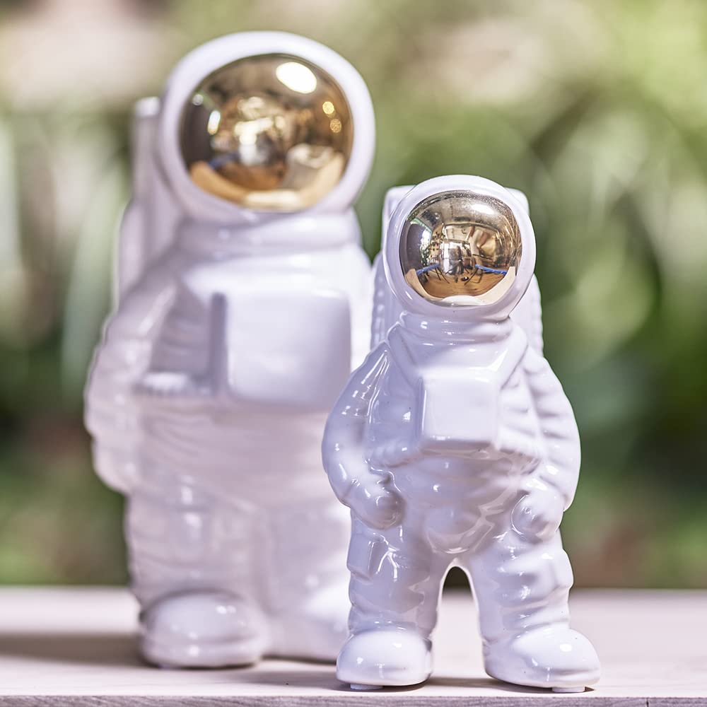 Chive Astronaut Shape Vase - Modern White & Gold Ceramic Planter for Flowers, Succulents | Perfect for Home Decor, Office Desk, Gift Ideas (Large Size)