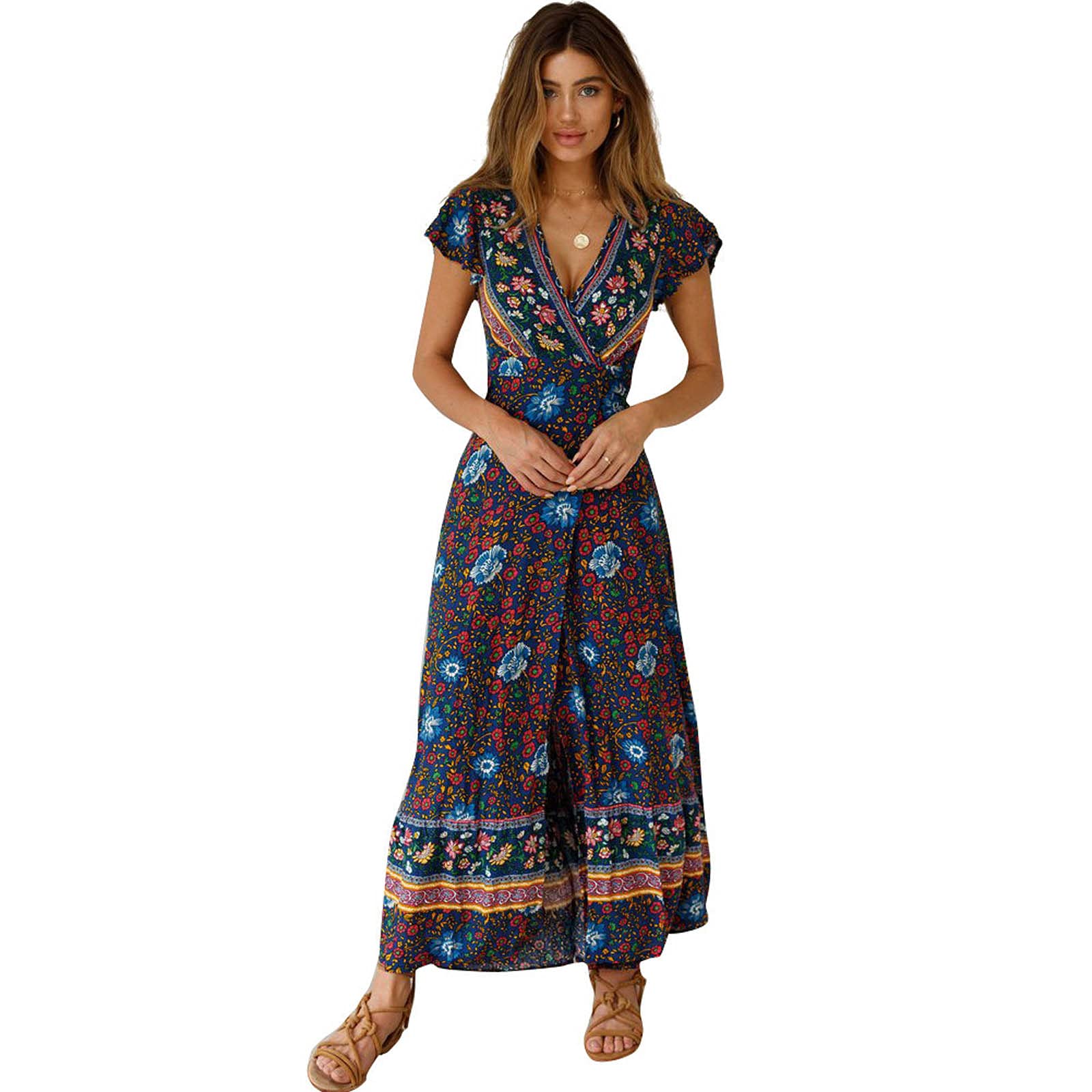 Women's Long Boho Maxi Sundress - Floral Beach Dress for Evening Parties, Backless Sexy Design | Perfect for Summer Vacations, Beach Getaways & Night Out Events