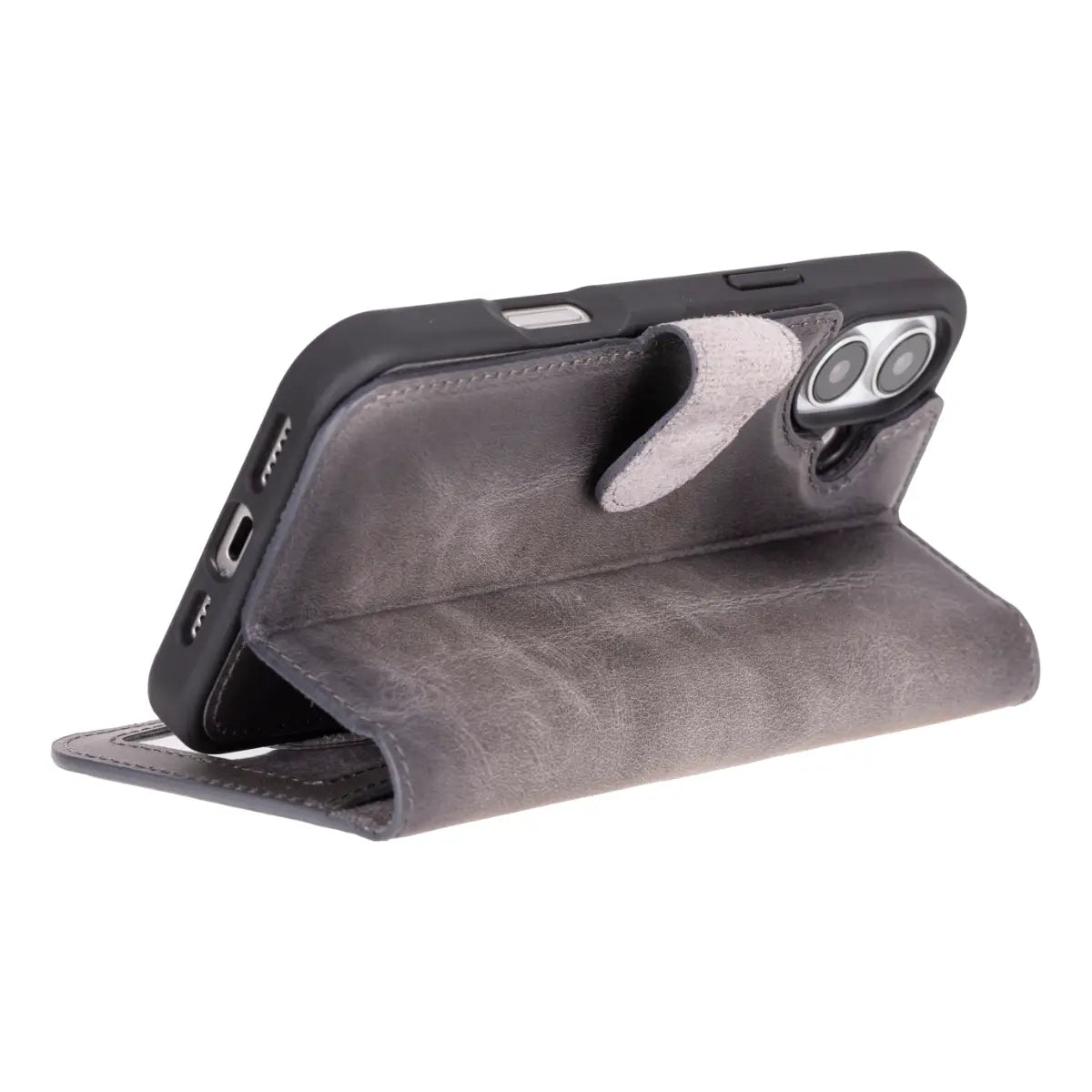 Premium Burnished Gray Leather Wallet Case for iPhone 16 (2024 Model) - Slim Protective Cover with Card Slots | Perfect for Everyday Use, Travel & Business Professionals