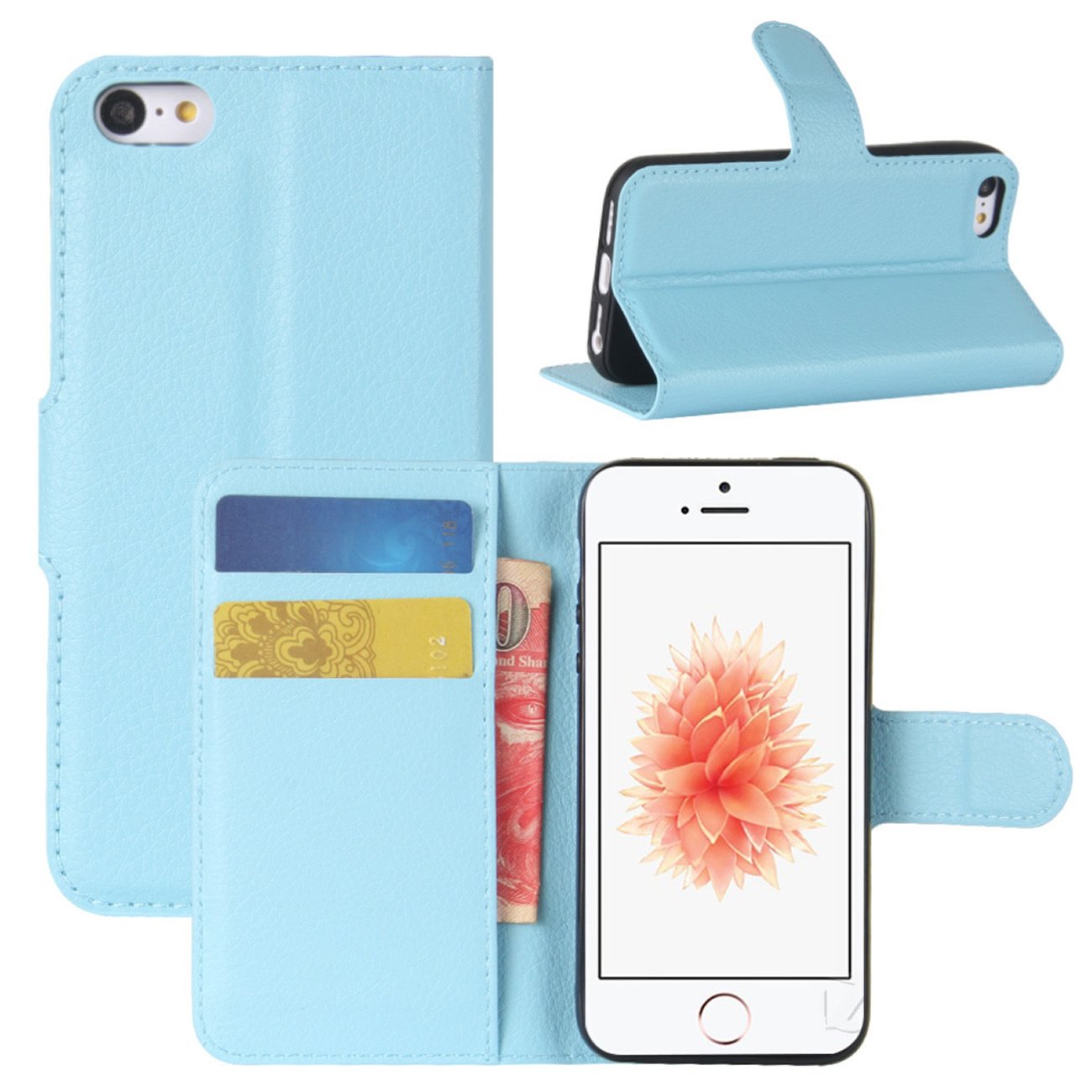 Premium PU Leather Wallet Flip Case for iPhone SE/5S/5 - Slim Protective Cover with Card Slots | Perfect for Daily Use, Travel & Business (Blue)