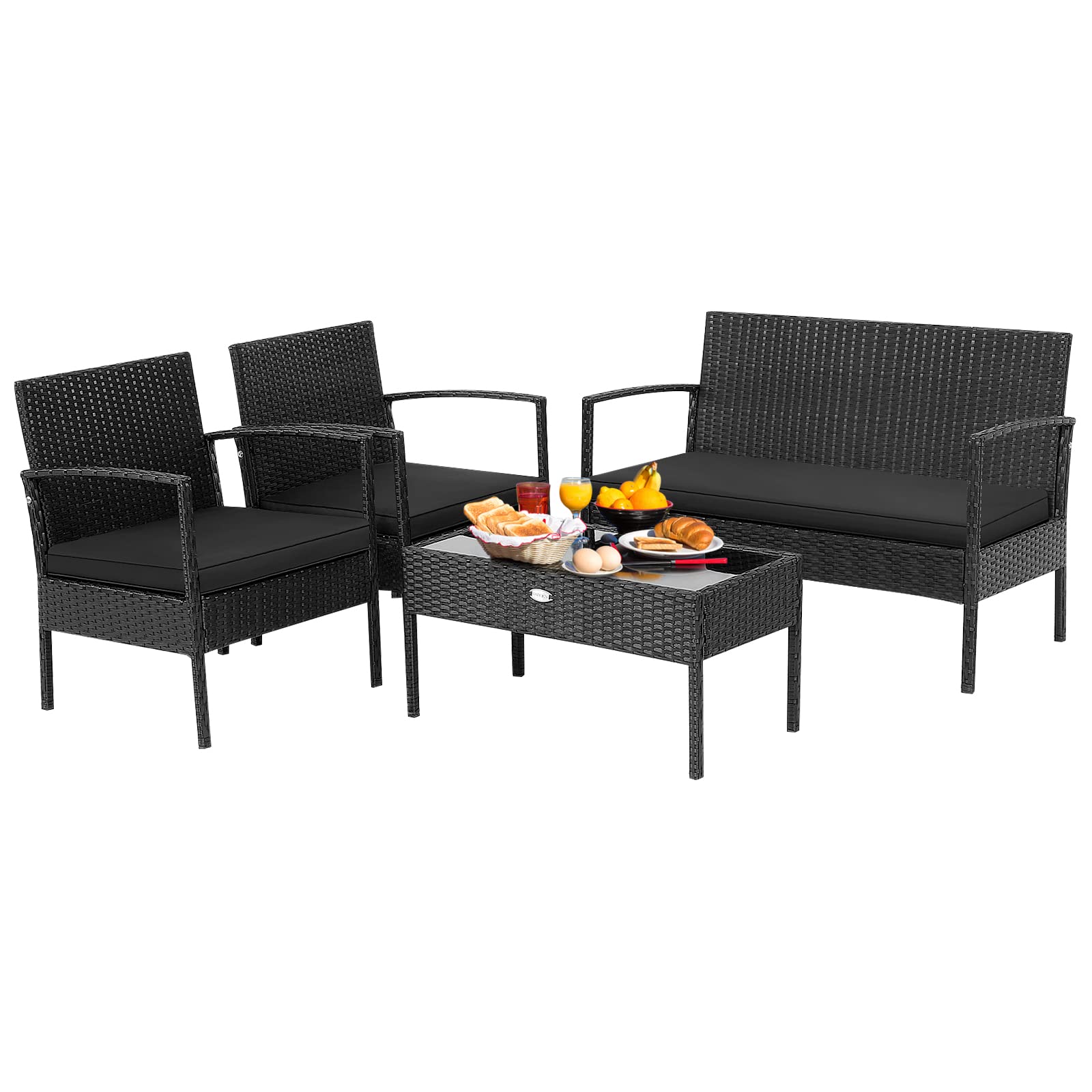 Tangkula 4-Piece Outdoor Patio Furniture Set - Rattan Wicker Sofa with Glass Coffee Table, Sturdy Steel Frame & Ergonomic Seating for Garden, Backyard, Balcony, Poolside - Perfect for Relaxing & Entertaining Outdoors