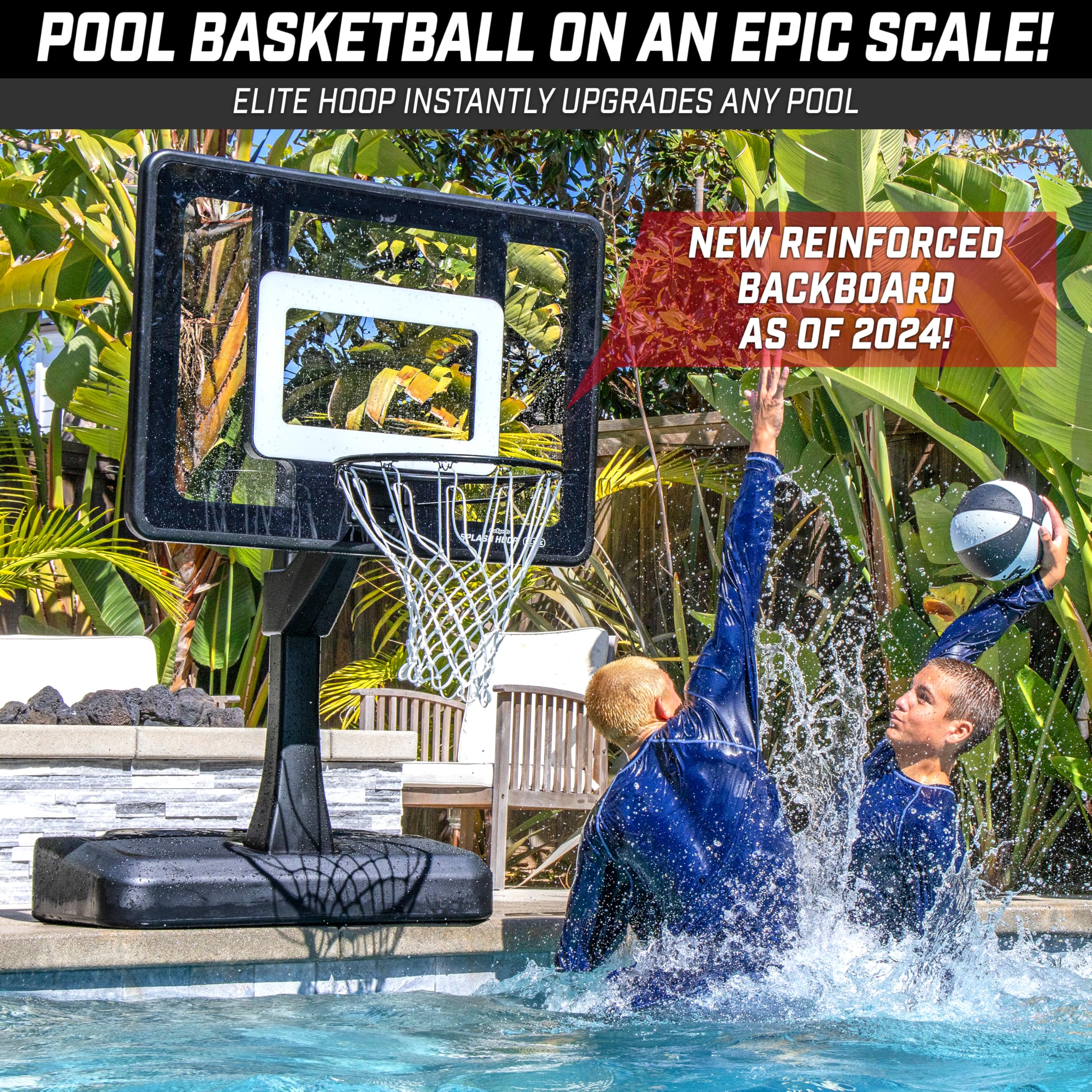 GoSports Splash Hoop Elite - Adjustable & Fixed Height Pool Basketball Hoop with Water Weighted Base, Regulation Steel Rim & 2 Pool Basketballs - Perfect for Backyard Pool Parties, Summer Fun & Water Games