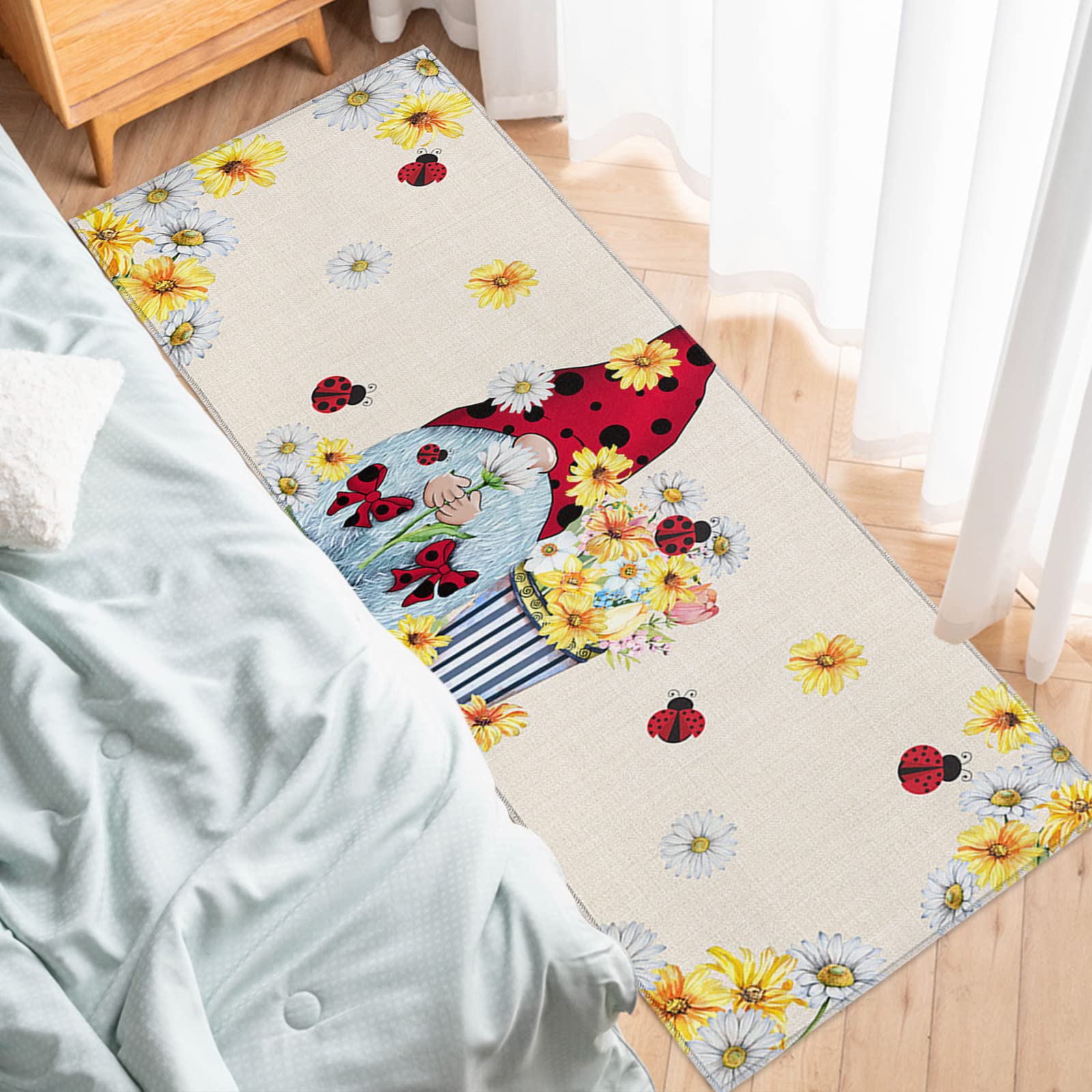 **Non-Slip Cushioned Kitchen Mat - Absorbent Ladybug Gnomes Bathroom Rug, Waterproof Farmhouse Daisy Throw Carpet for Office, Laundry & Standing - 19.7