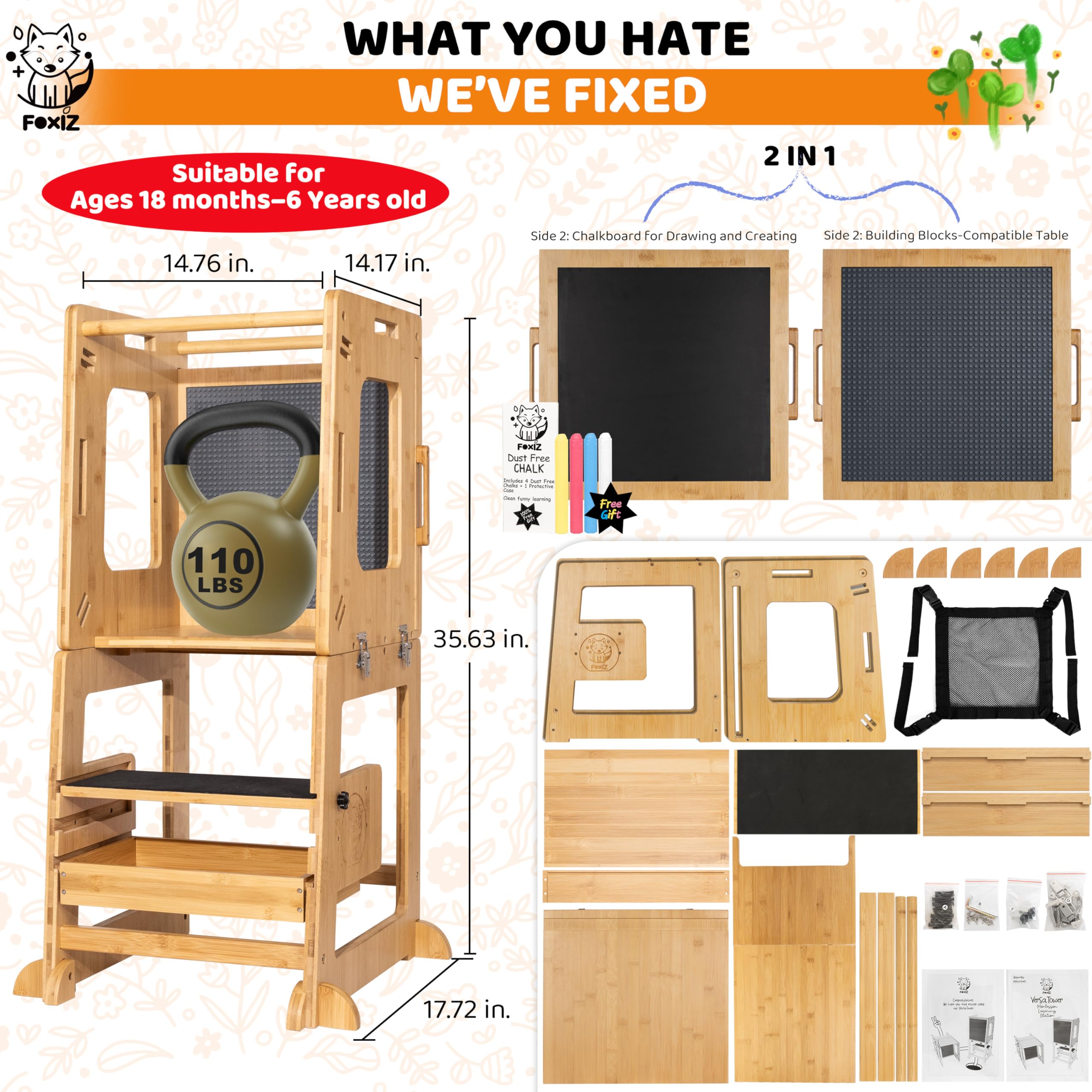 4-in-1 Bamboo Convertible Toddler Tower with Storage - Kitchen Helper, Weaning Table, Step Stool & Learning Tower for Kids 1-3 Years | Foldable Montessori Toddler Desk for Baking, Cooking & Playtime Activities