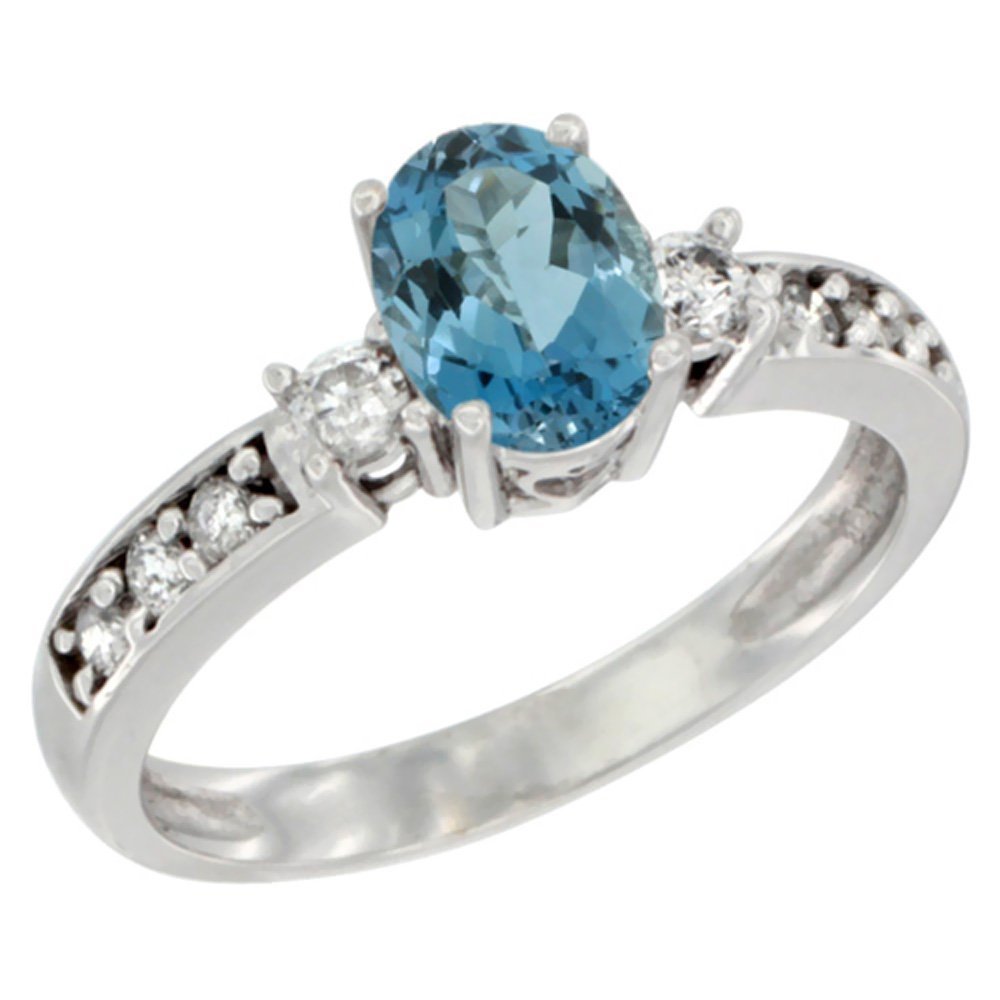14K White Gold Oval London Blue Topaz Ring with Diamond Accent (7x5mm) - Sizes 5-10 | Elegant Birthstone Jewelry for Women, Perfect Gift for Anniversary, Engagement & Special Occasions
