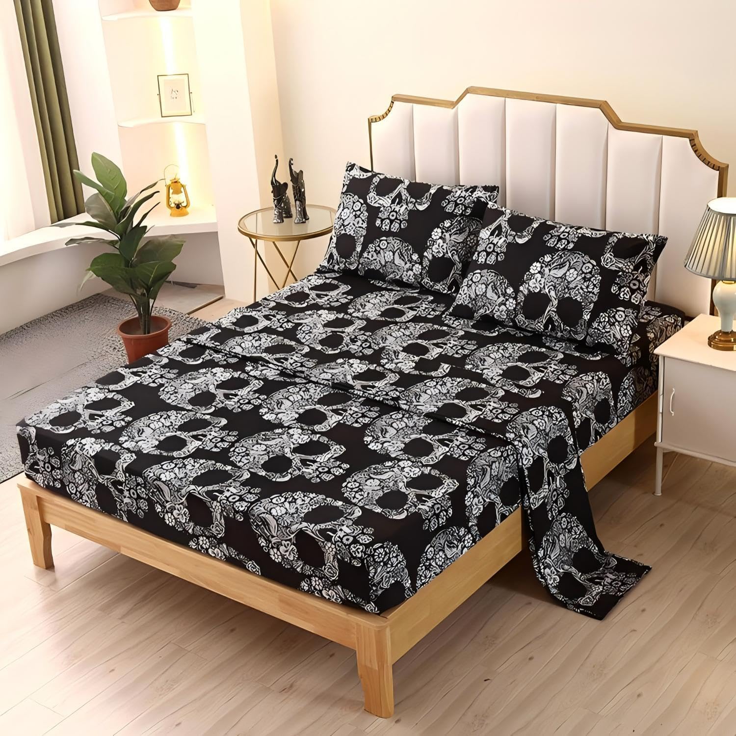 SDIII 4PCS Gothic Floral Skull Twin Bedding Sheet Set - Skeleton Print Twin Size Bed Sheets - Dark Aesthetic Goth Bedroom Decor for Halloween, Dorm Room & Alternative Style Home Decor