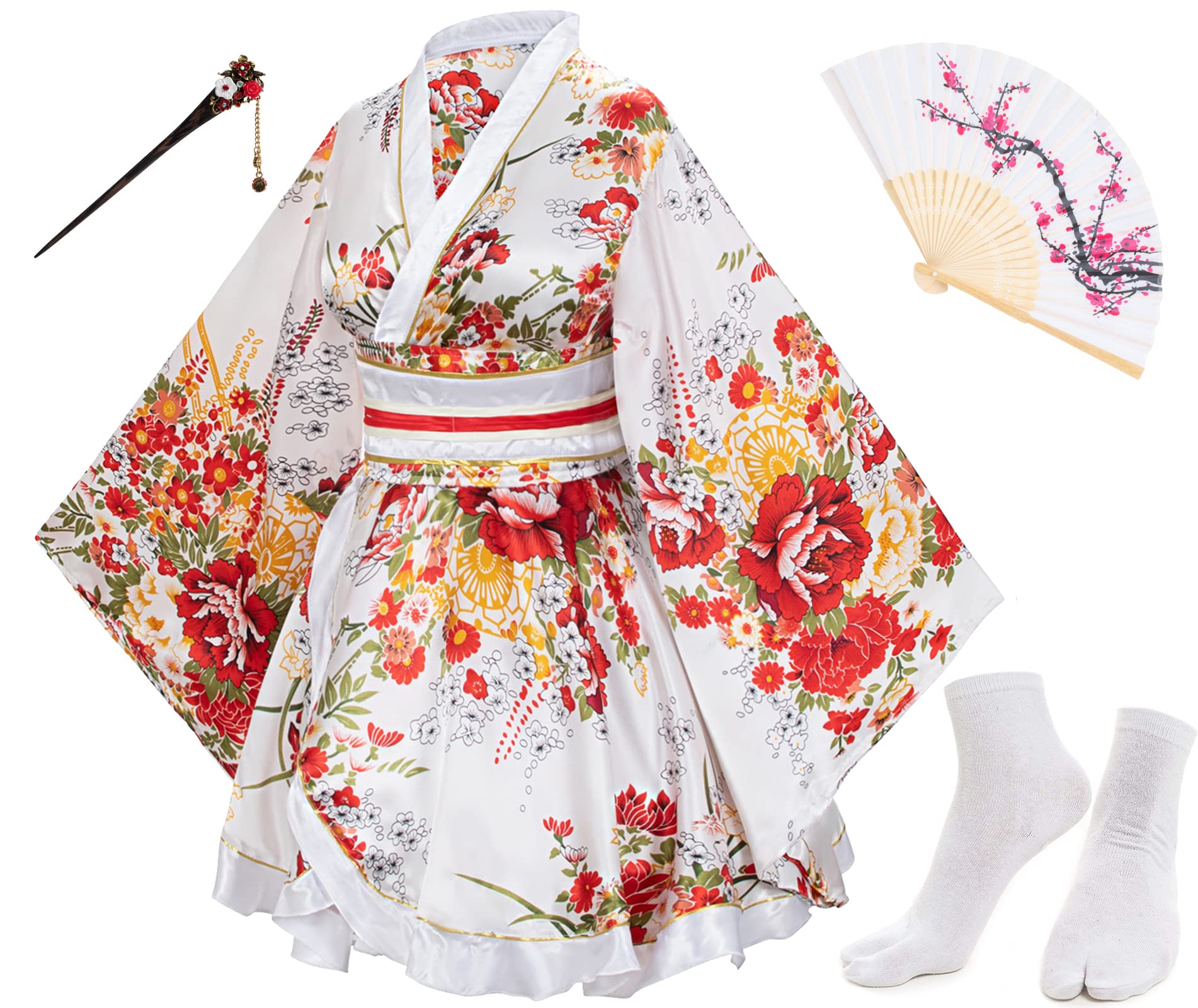 Japanese Anime Women's Dance Kimono Robe Costume with Silk Folding Fan, Tabi Socks & Hair Stick Set - Cosplay, Halloween, Tea Ceremony & Traditional Dance Outfit