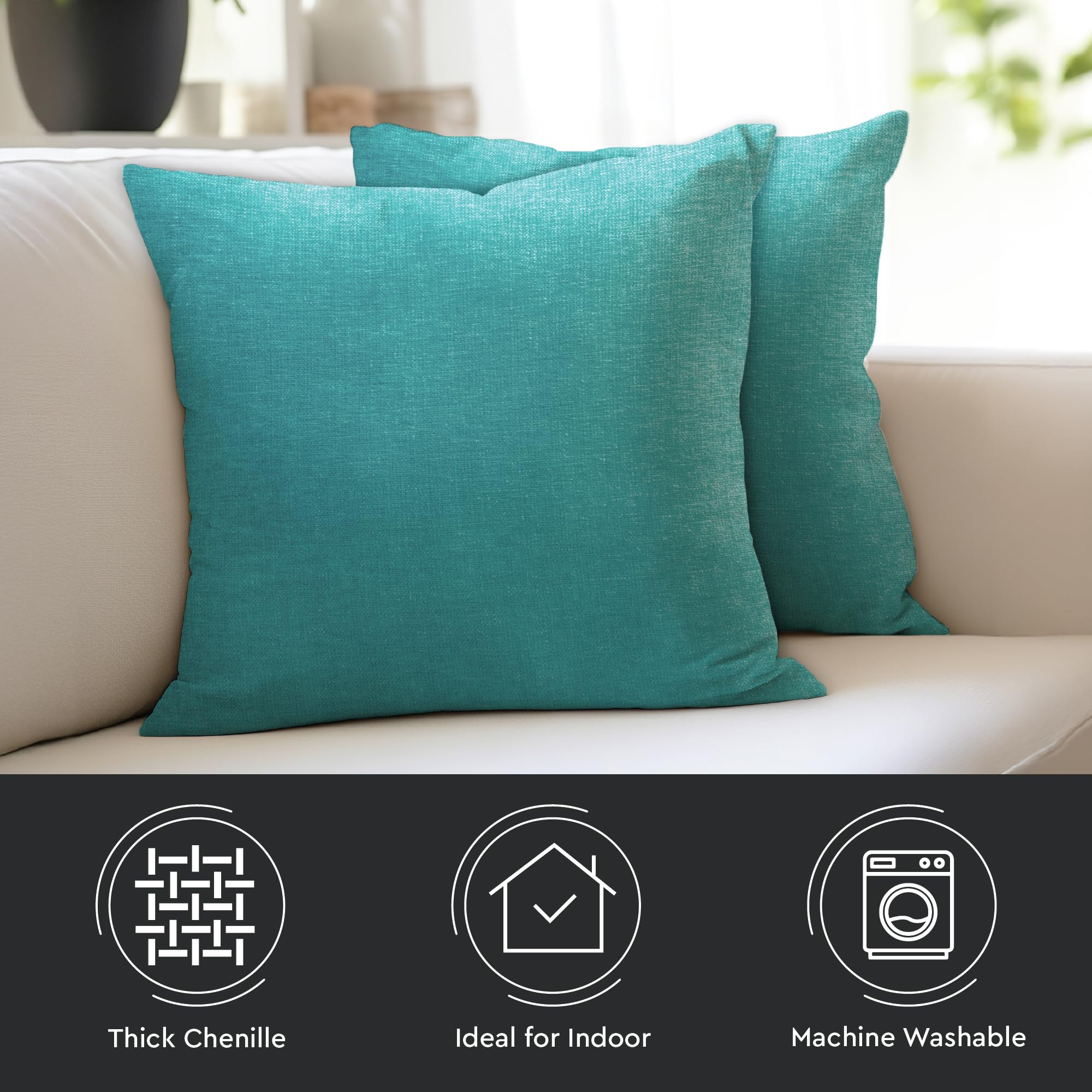 Premium Chenille Throw Pillow Covers Set of 2 - 18x18 Inches (45x45 cm) Soft Square Decorative Pillow Cases for Sofa, Couch, Bed & Home Decor - Turquoise Accent Pillows for Living Room, Bedroom & Dorm