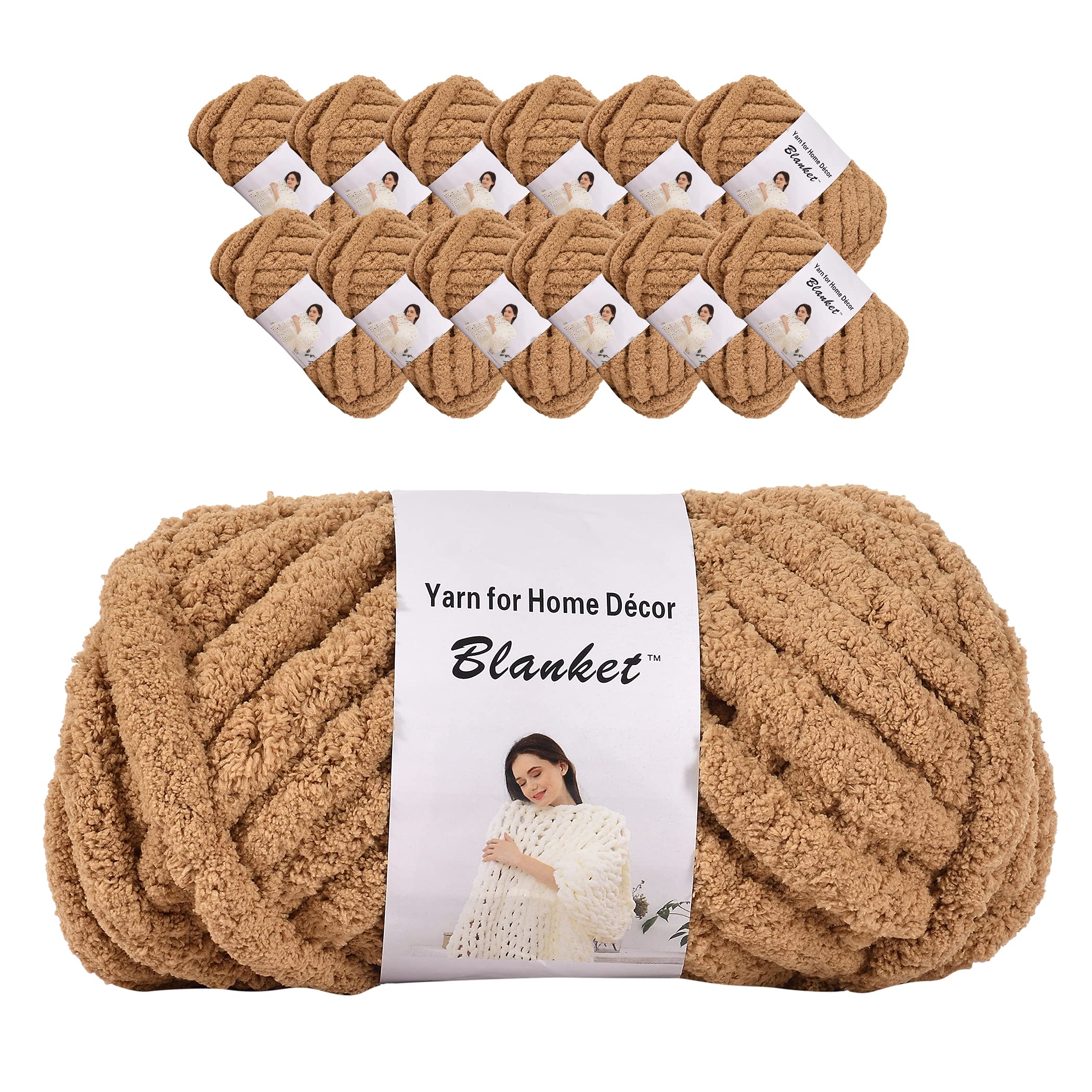 Chunky Chenille Yarn for Arm Knitting - 12-Pack (3kg/6.6 lb) Soft Bulky Yarn for DIY Blankets, Cushions, Scarves - Perfect for Home Decor, Sofa Throws & Cozy Bed Accessories - Dark Khaki