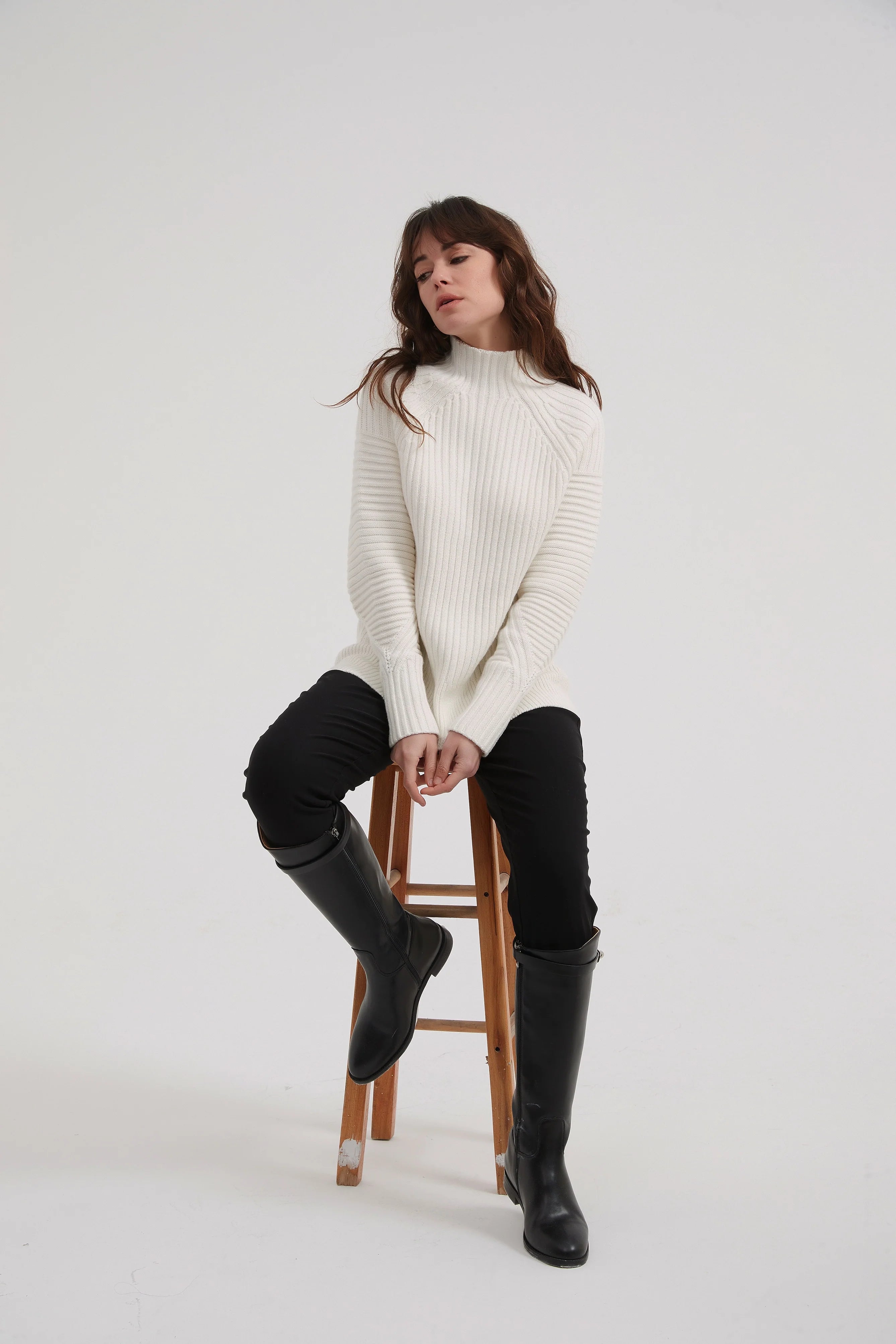 Fitted Rib Knit Ivory Sweater - Soft & Stretchy Women's Pullover for Casual Wear & Layering