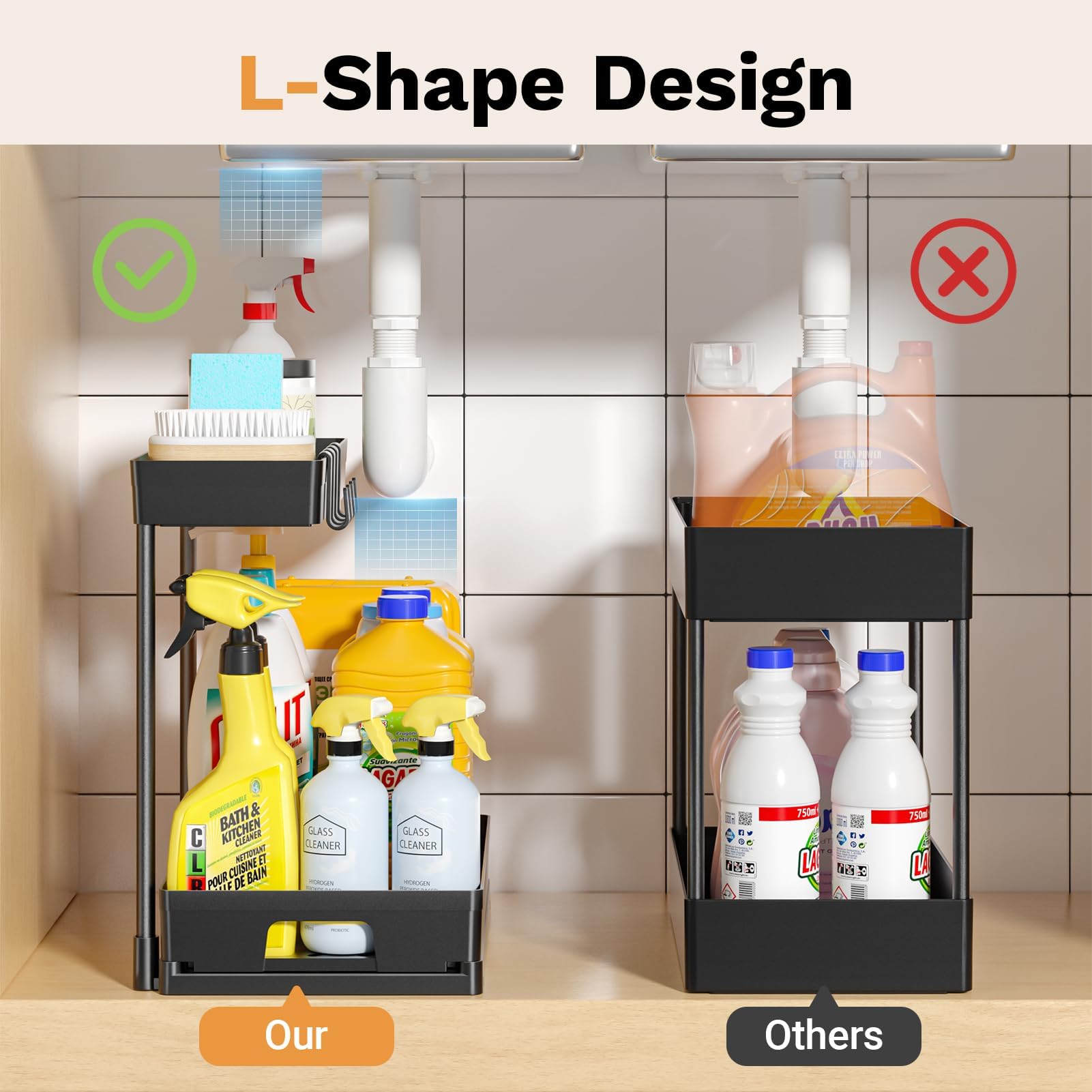 2 Pack Under Sink Organizers and Storage - 2 Tier L-Shape Pull Out Cabinet Organizer for Kitchen & Bathroom, Black Under Counter Storage with Drawer - Perfect for Maximizing Space Under Sink in Small Kitchens, Bathrooms, RVs and Apartments