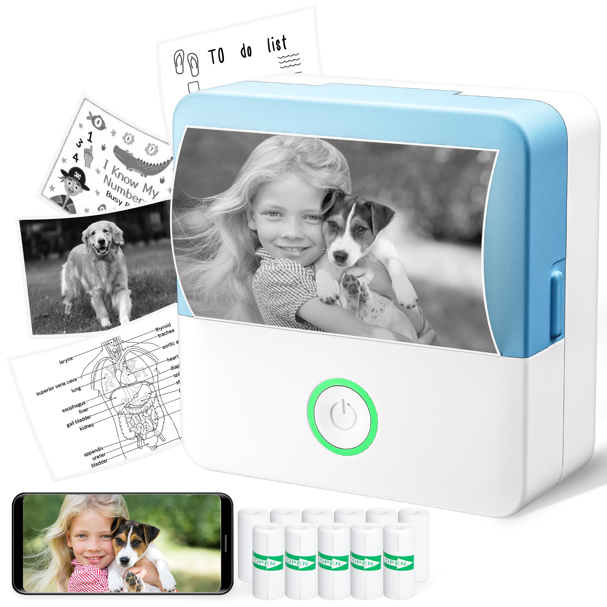 Mini Sticker Printer - Portable Bluetooth Thermal Photo Printer with 11 Rolls Paper, Wireless Pocket Printer for Study Notes, Scrapbooking, Journals & Receipts | Compatible with iPhone, Android Phone & Tablet (Blue) - Perfect for DIY Crafts, School Projects & Small Business Labeling