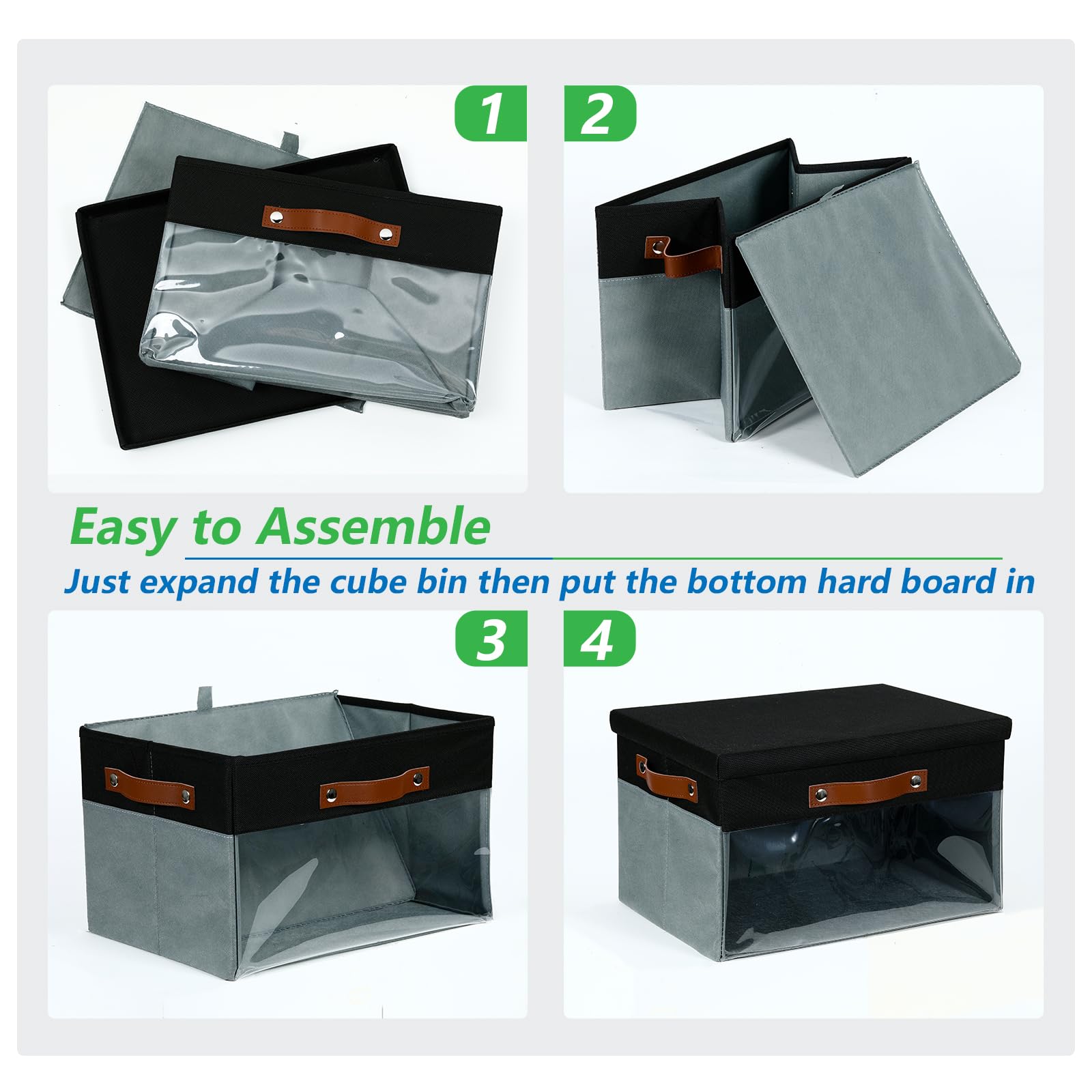 Bidtakay 4-Pack Collapsible Storage Bins with Lids & Clear Windows - 15 x 11 Inch Fabric Closet Organizers with Handles, Foldable Storage Baskets for Shelves, Clothes, Toys & Home Organization (Black/Grey) - Perfect for Bedroom, Closet, Nursery & Office Storage Solutions