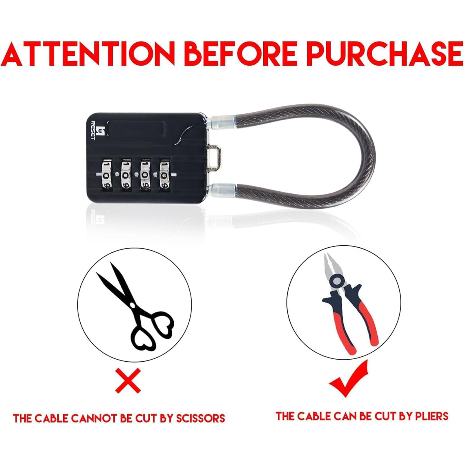 RESET-201 (2 Pack) 4 Digit Combination Padlock with 4 inch(10cm) Steel Cable - Secure Cable Lock for Travel, Gym Lockers, Luggage, Suitcases, Toolboxes, Bikes & Backpacks - 5mm Diameter Black Outdoor & Indoor Security Lock