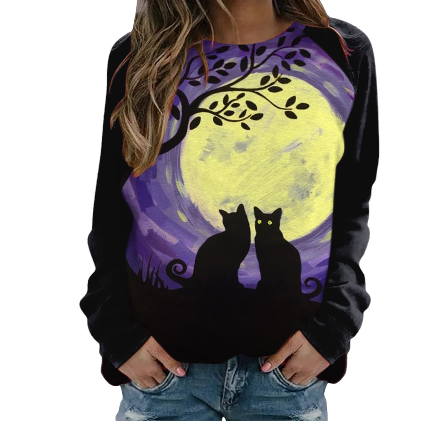 Stylish Halloween Graphic Tee for Women - Long Sleeve Crewneck Pullover Sweatshirt Top | Perfect for Halloween Parties, Costume Contests & Fall Outfits