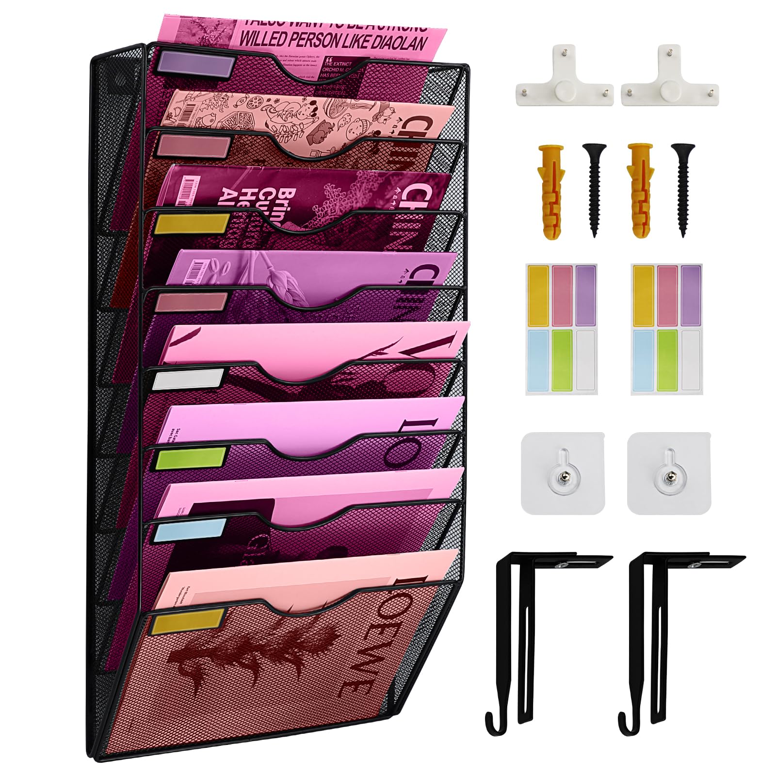 8-Pocket Mesh Wall File Organizer - Hanging File Folder & Magazine Rack with Nametag Hooks - Office & Home Storage Solution (Black) | Perfect for Wall-Mounted Document Organization in Offices, Classrooms & Home Offices