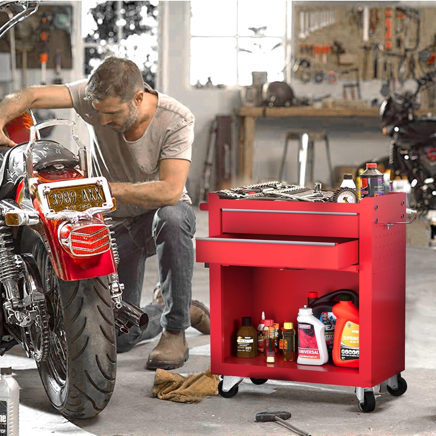 8-Drawer Rolling Tool Chest - Heavy Duty 2-in-1 Tool Box Organizer with Lockable Wheels & Sliding Drawers, Detachable Top for Garage Workshop Storage Cabinet (Red) - Perfect for Mechanics, DIY Enthusiasts & Professional Tool Organization