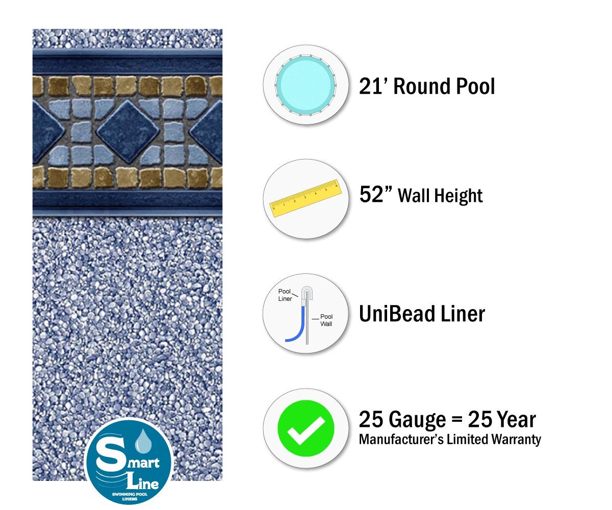 Smartline Laguna 21-Foot Round Pool Liner - UniBead Style 52-Inch Wall Height - 25 Gauge Virgin Vinyl Material - Heavy Duty Above Ground Swimming Pool Replacement Liner for Steel Sided Pools - Perfect for Backyard Summer Fun and Family Gatherings